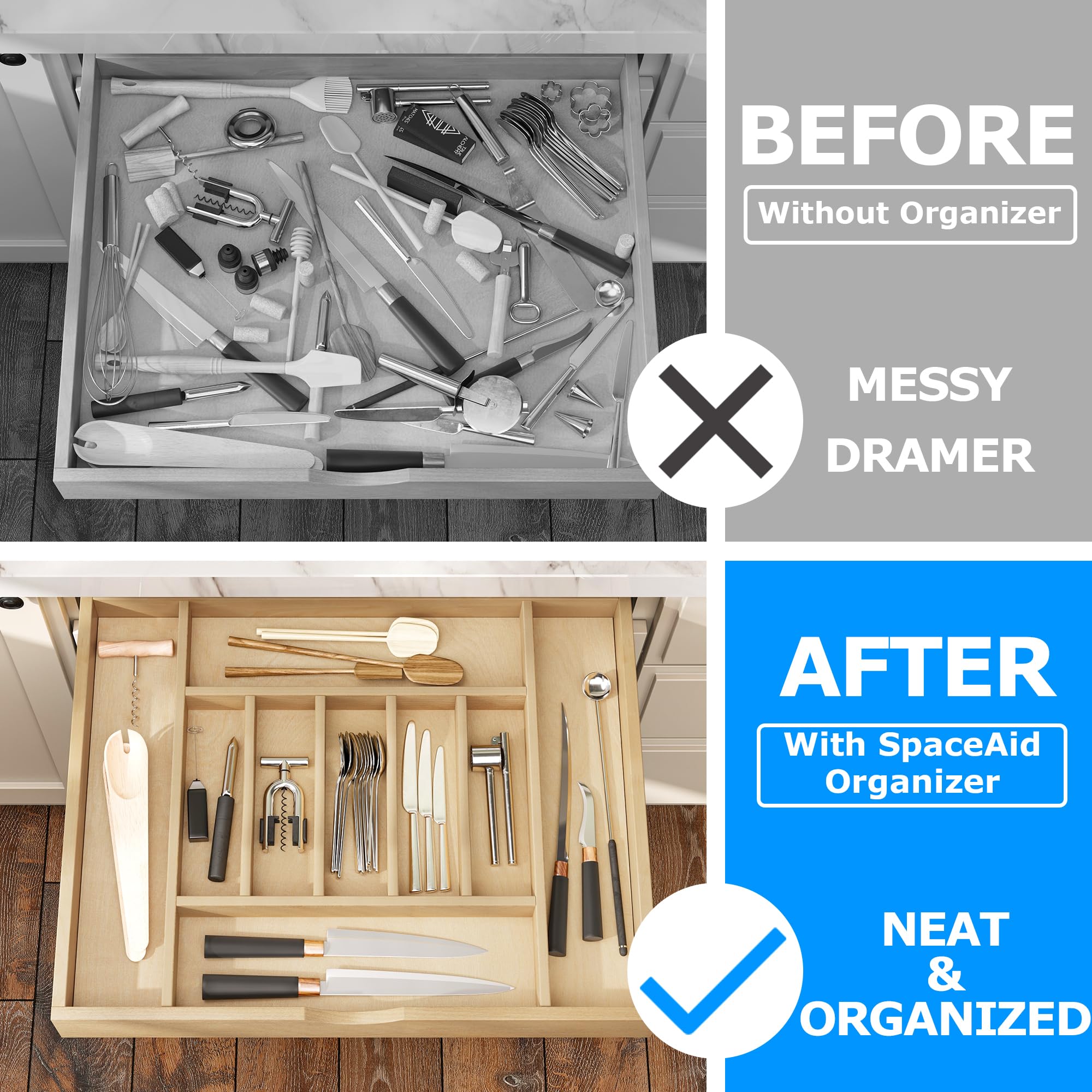 Premium Wooden Silverware Organizer for Kitchen Drawers