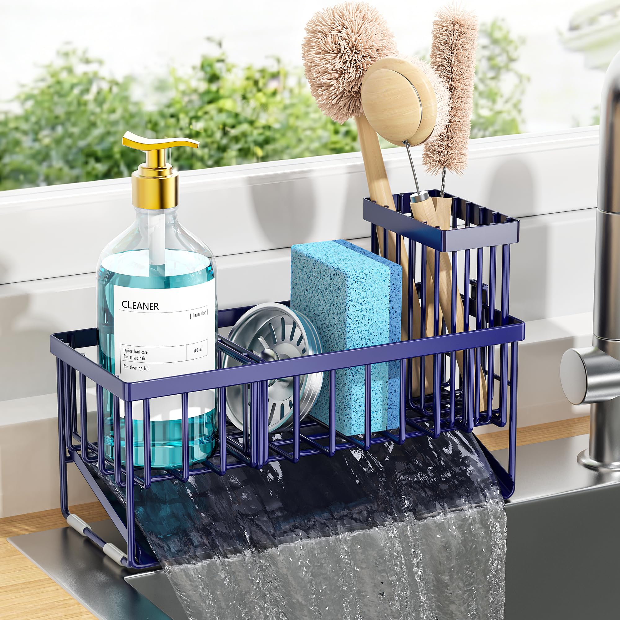 Navy Blue Sink Caddy Organzier with High Brush Holder