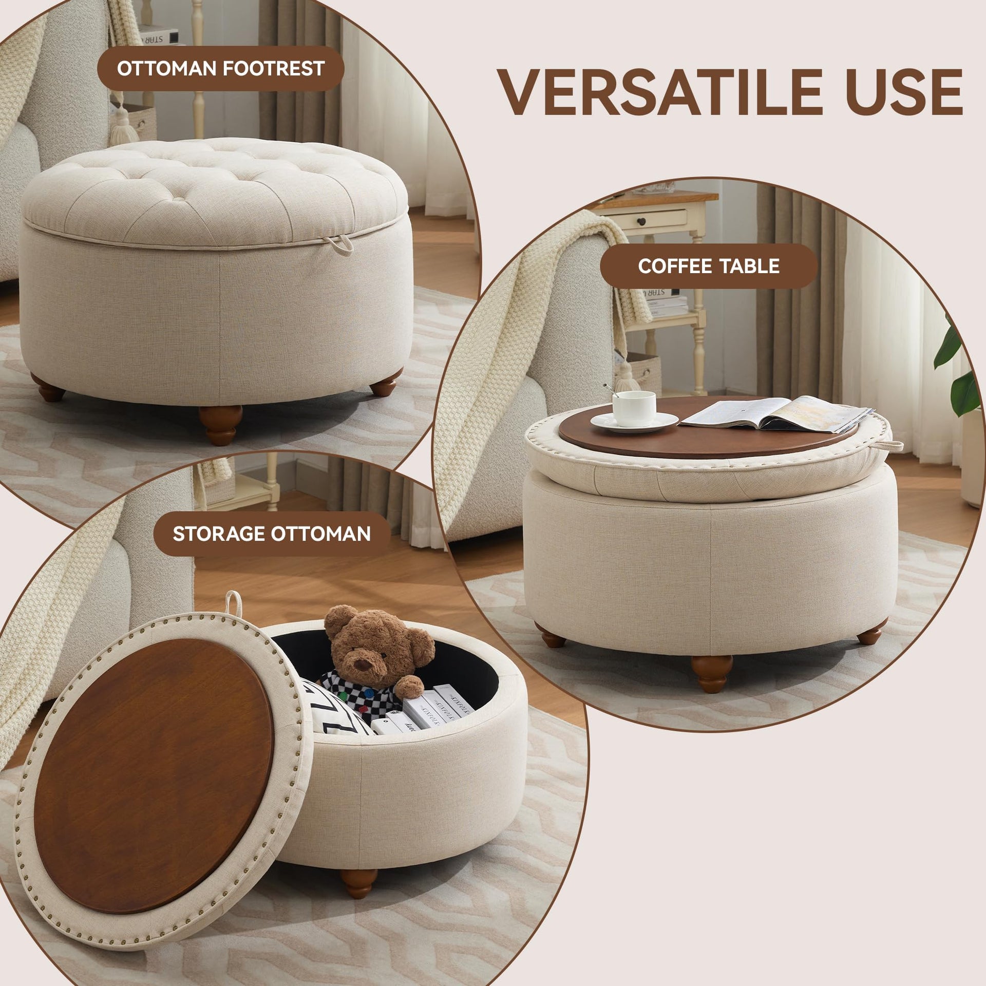 30Inch Round Storage Ottoman with Tray