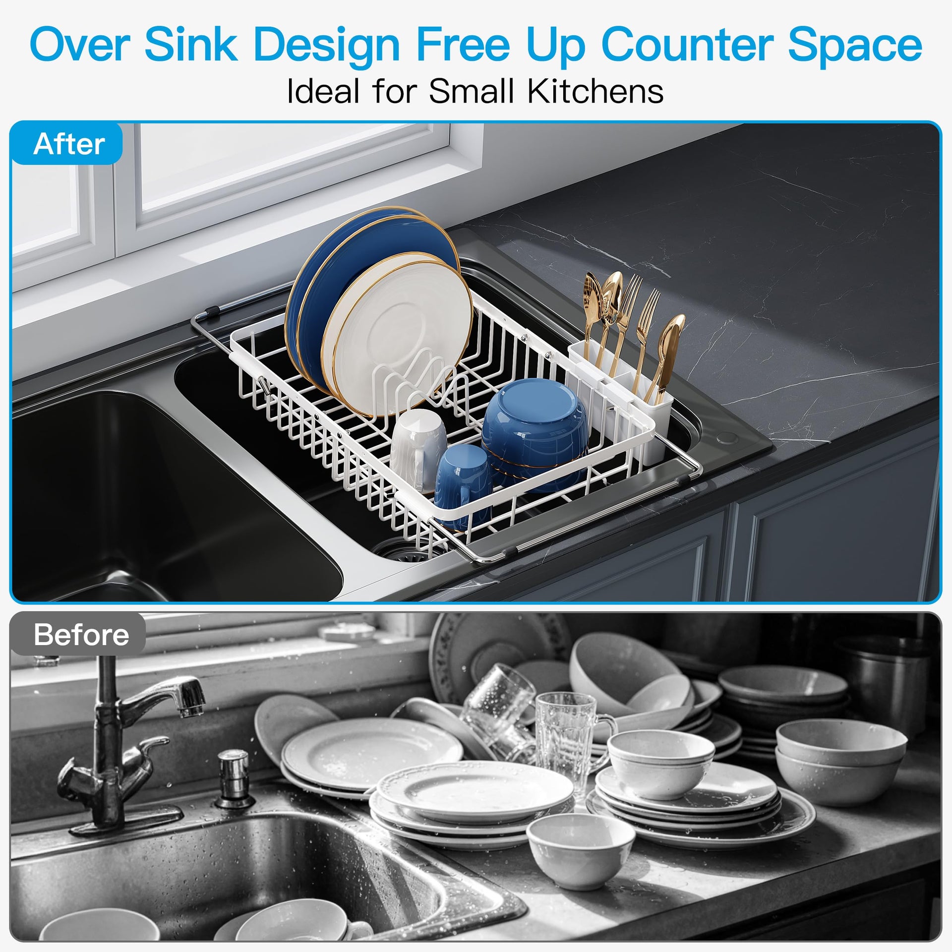 White Dish Drying Rack Over the Sink with Utensil Holder