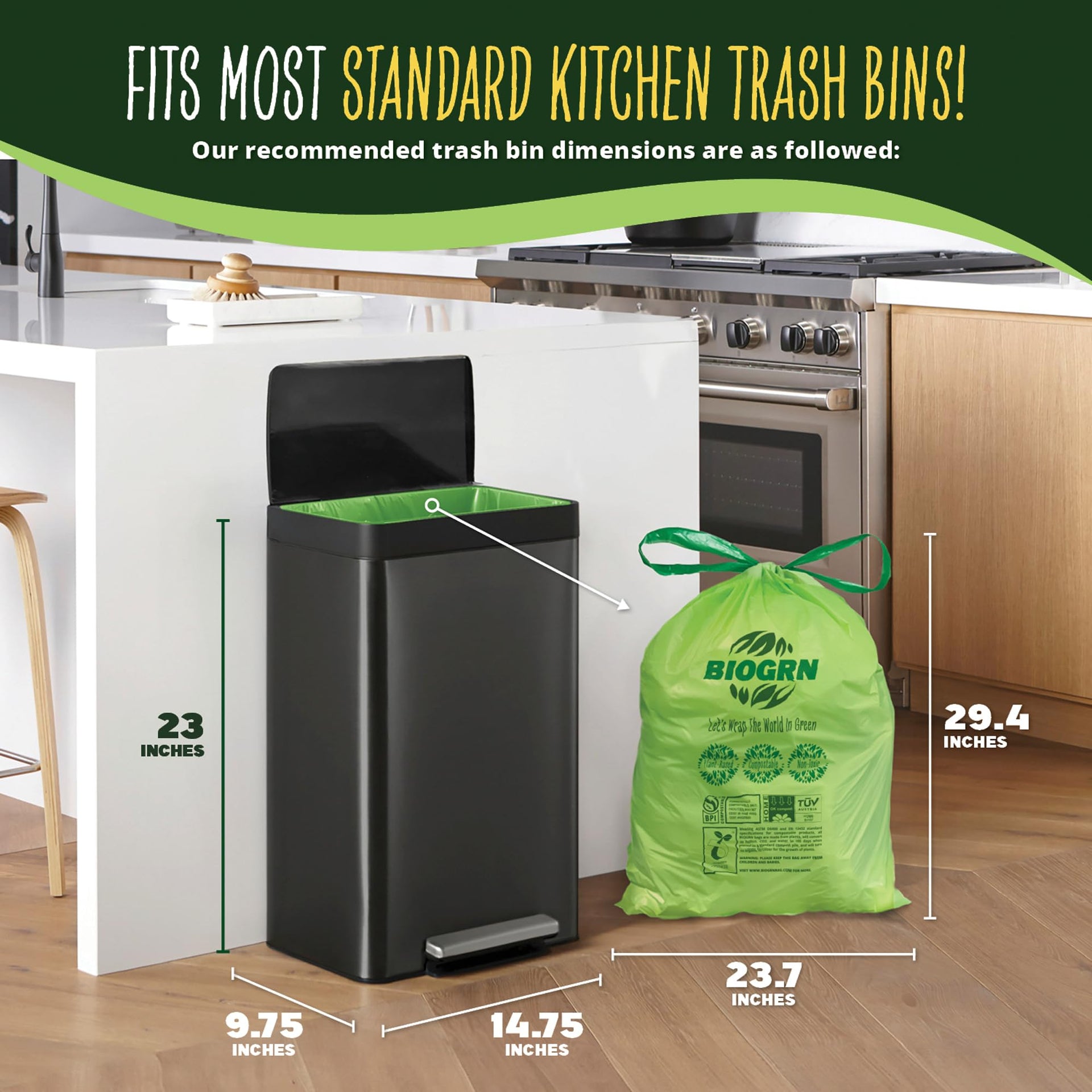10 13 Gallon Compostable Trash Bags Drawstring 30 Bags Heavy Duty Extra Thick 1 Mil 49.21 Liter Biodegradable Trash Bags Compost Bags Green for Kitchen ASTM D6400 US BPI and OK Compost Home Certified (30 Count)