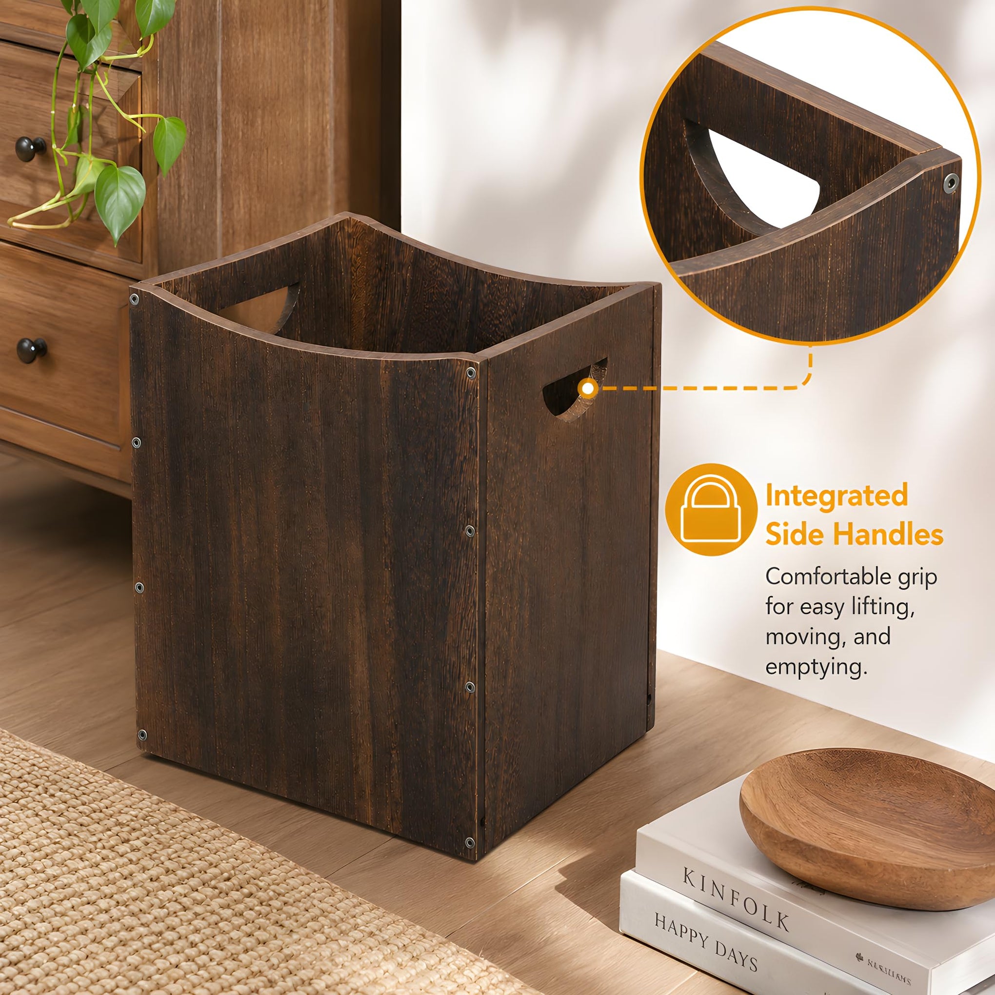 Wood Trash Can 5.3 Gallon Office Wastebasket Farmhouse Rectangular Garbage Can with Built