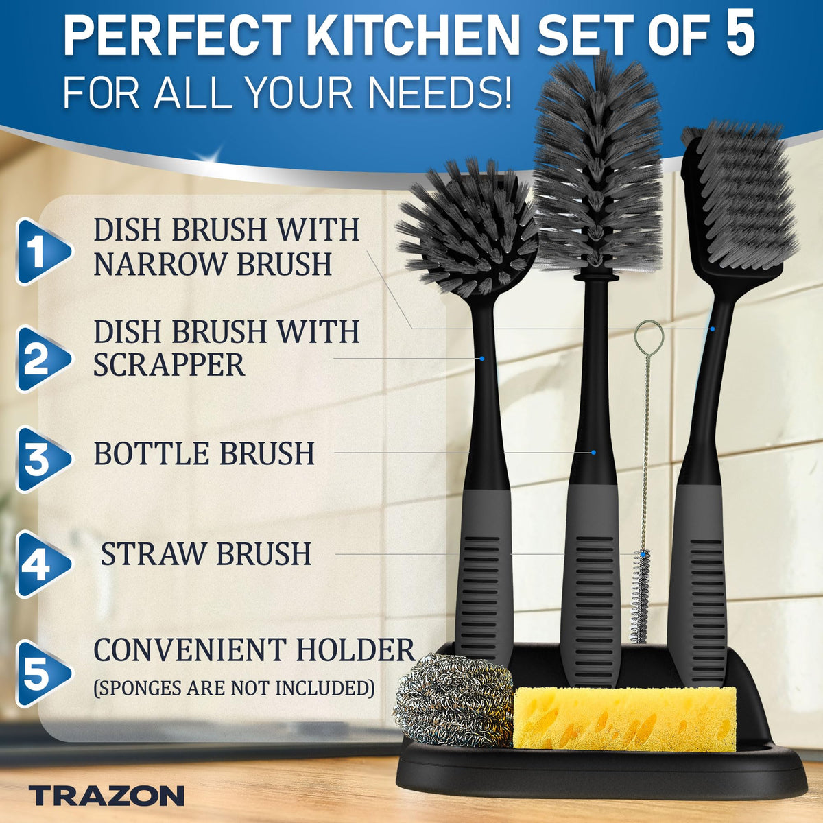 Dish Brush Set of 5 with Holder (5 Count)