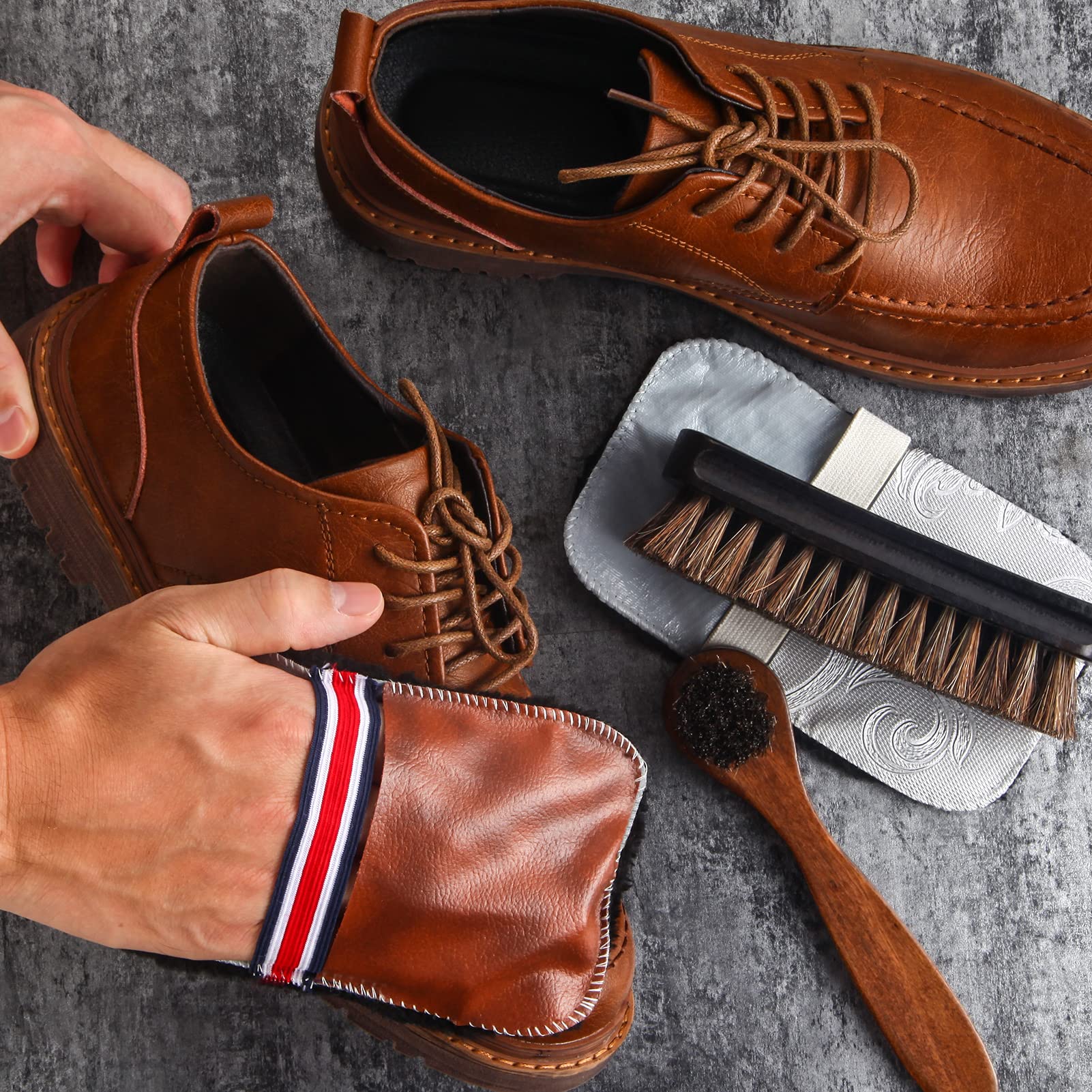 6 Pcs Horsehair Shine Shoes Brush Kit Polish Dauber Applicators Cleaning Leather Shoes Boots Care Brushes Suede Cleaner Brush with Microfiber Shoe Gloves