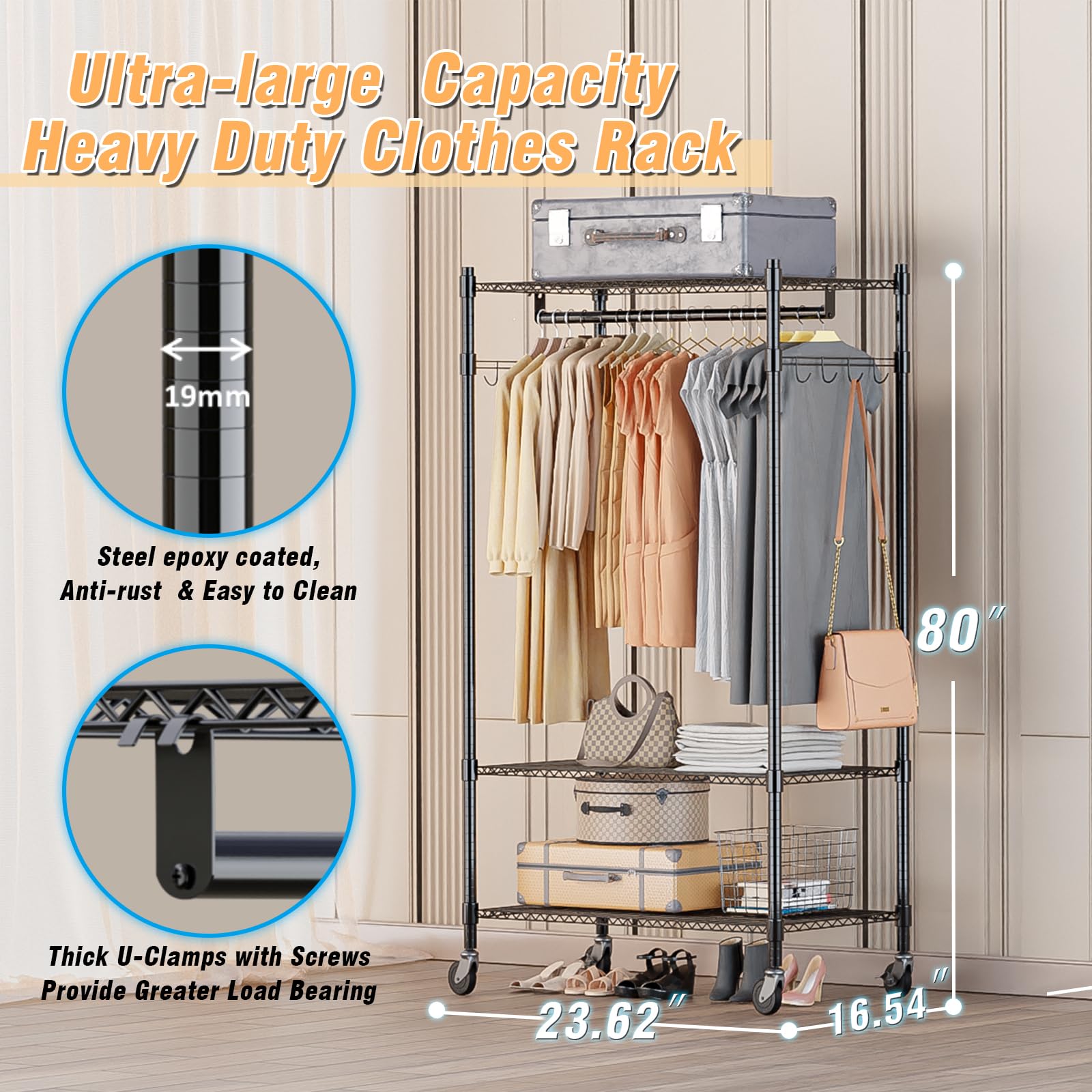 Heavy Duty Clothing Rack with 3 Tier Adjustable Wire Shelves