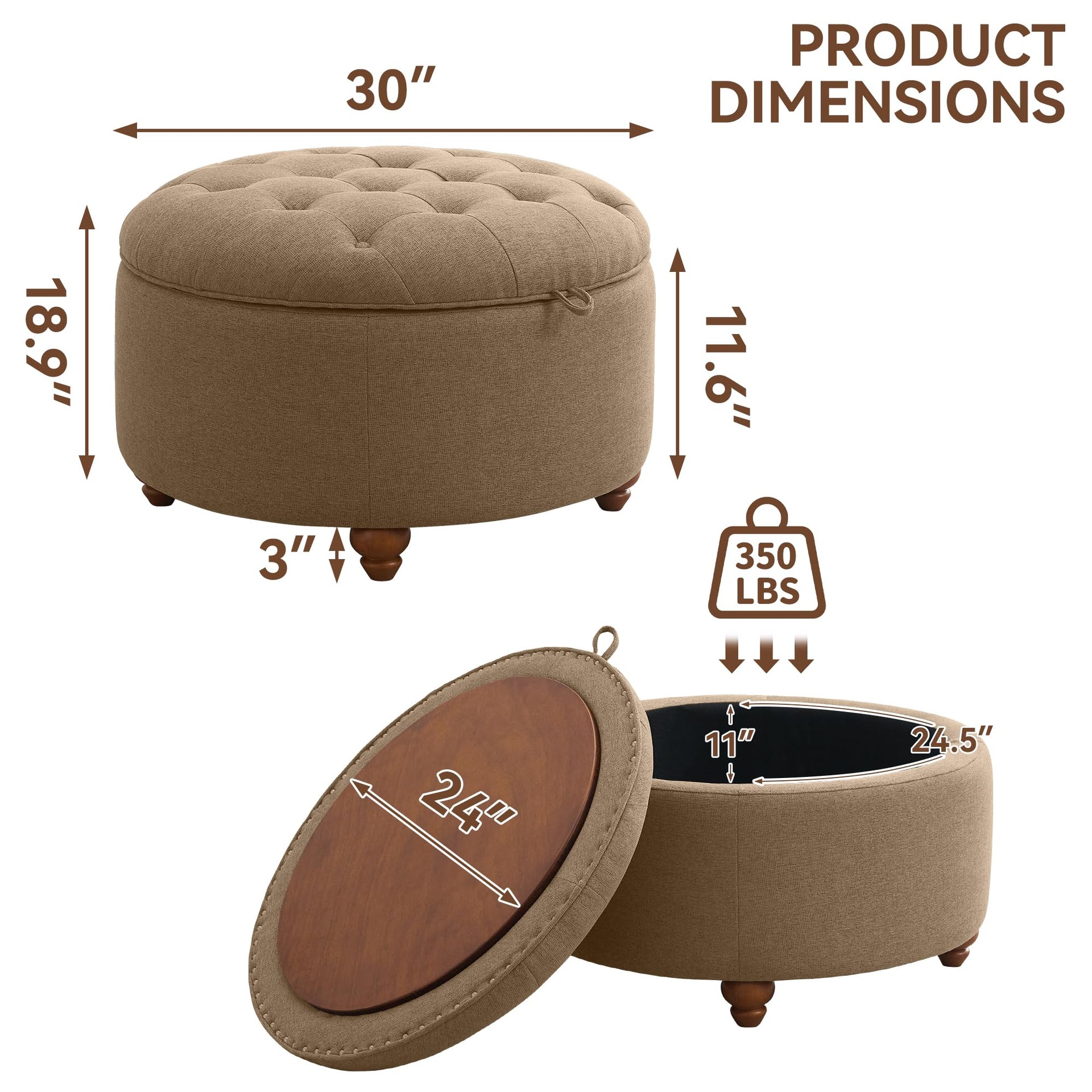 30Inch Round Storage Ottoman with Tray