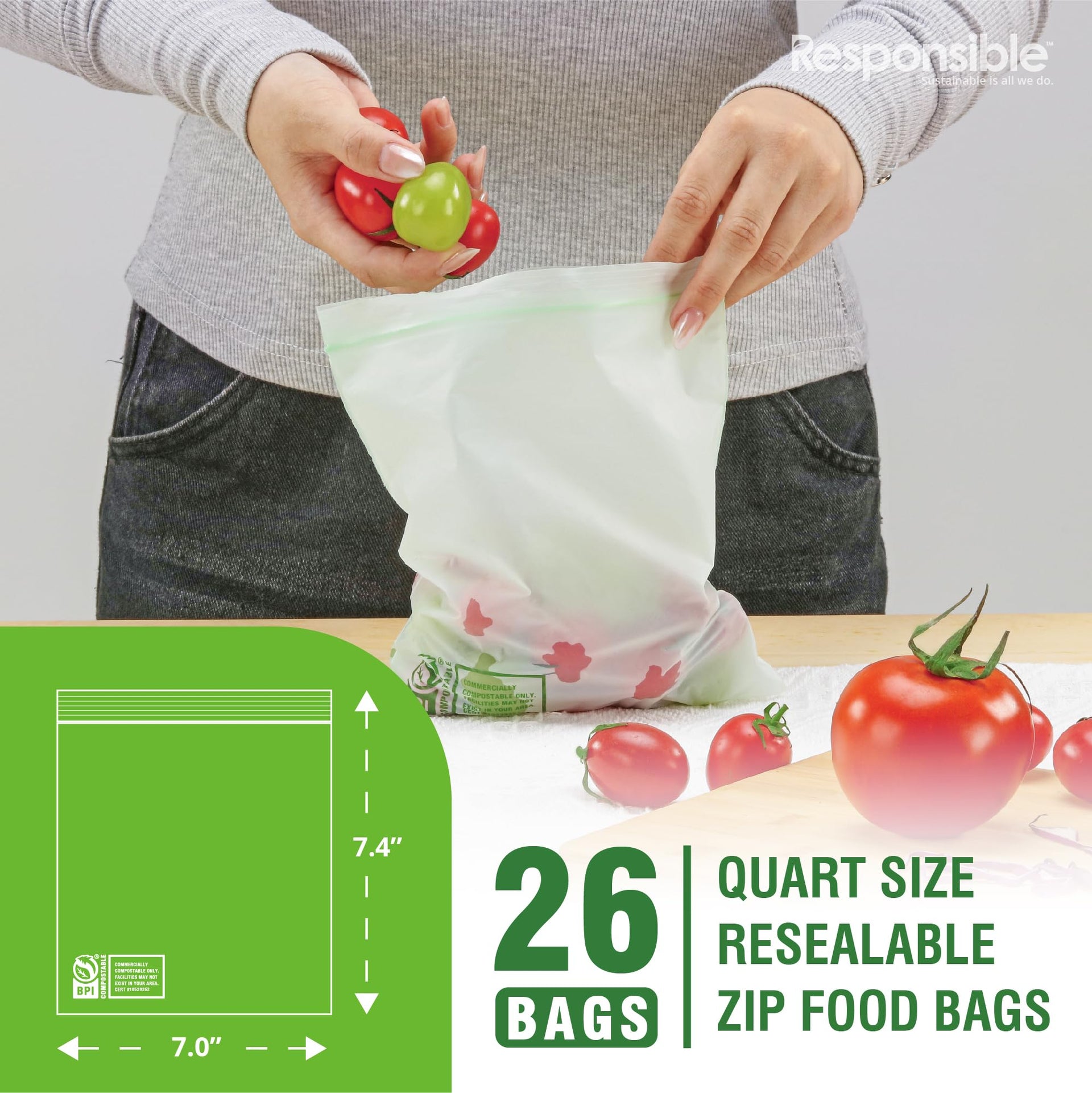 Certified Compostable QUART Resealable Zip Bag (26 Count)
