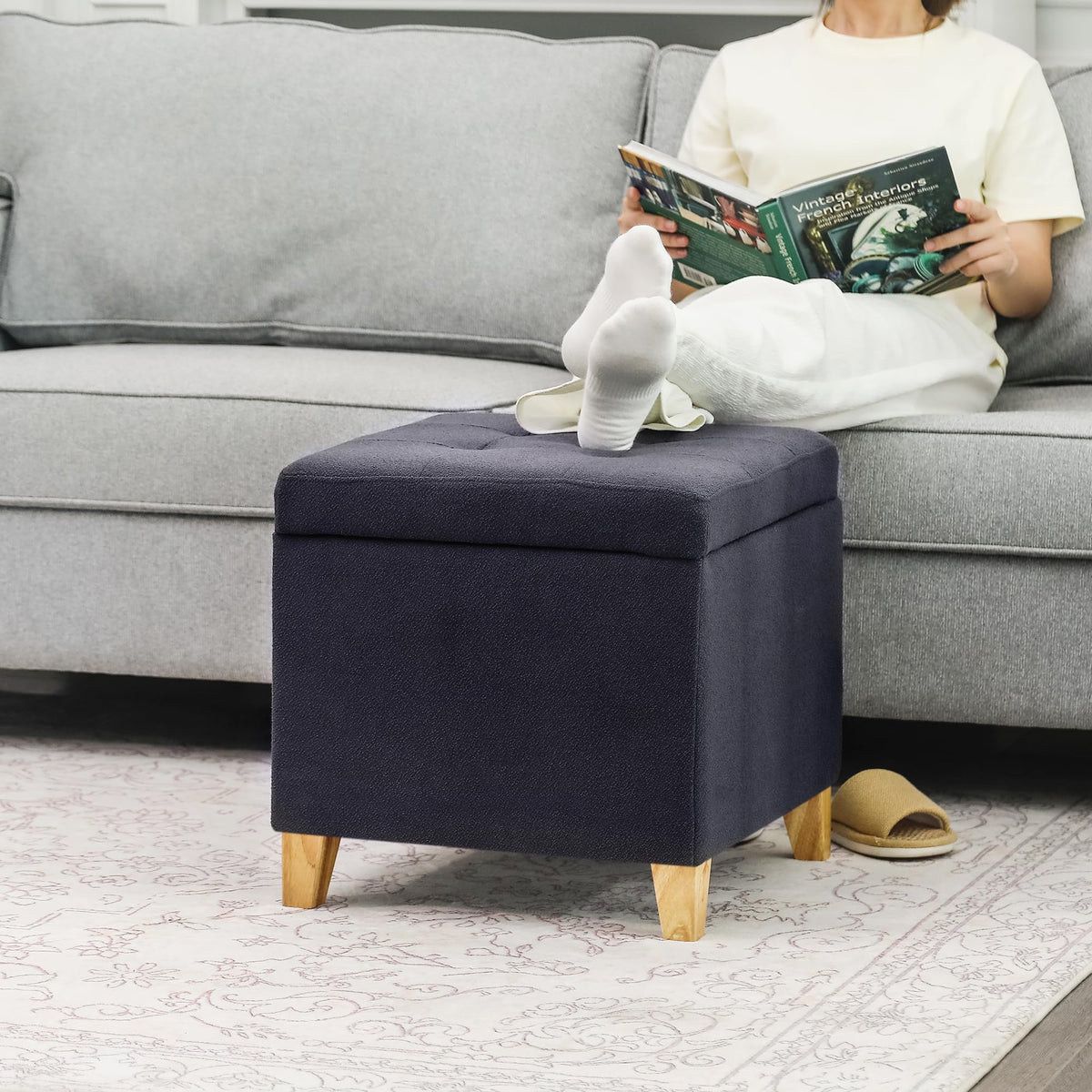 Storage Ottoman Bench with Solid Wood Legs
