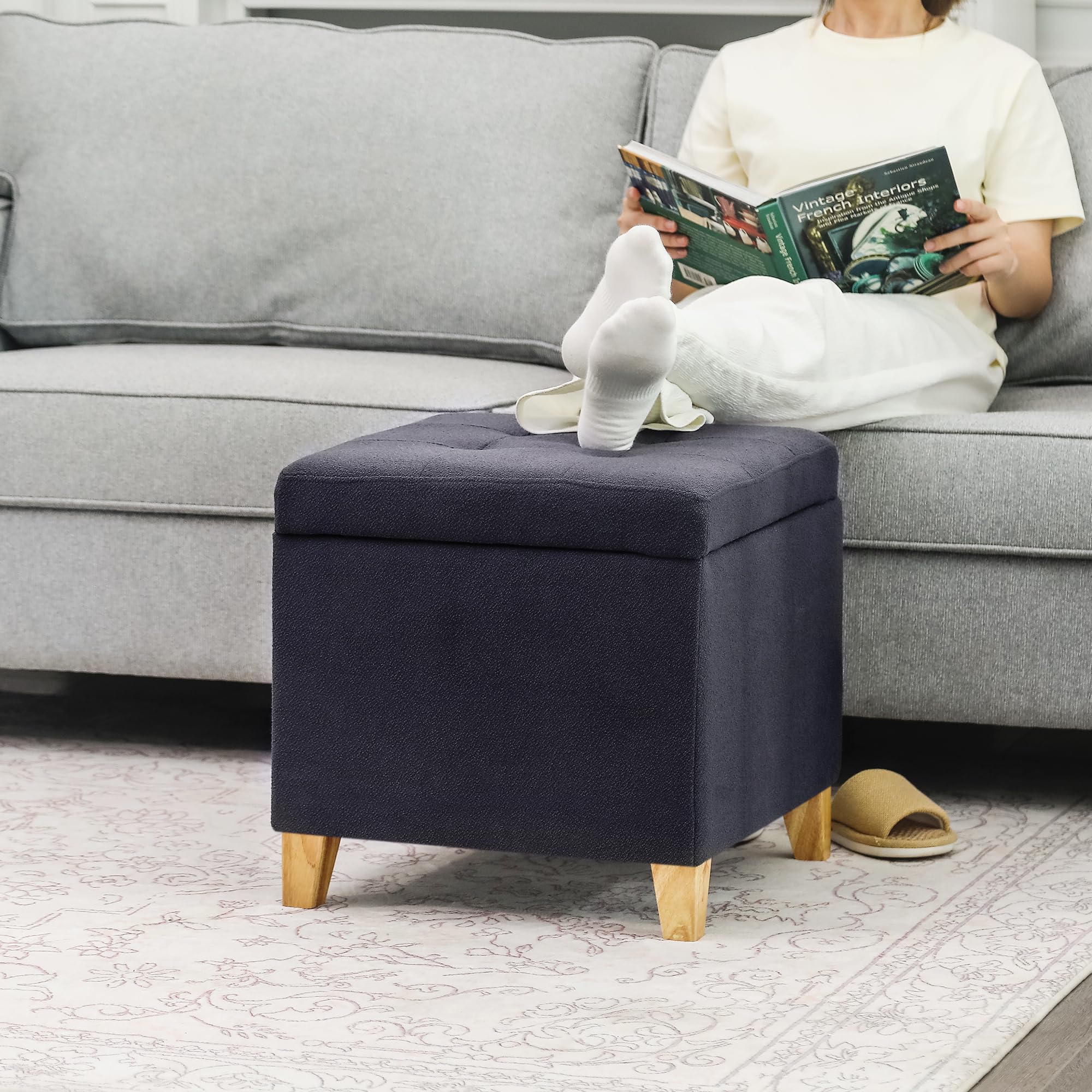 Storage Ottoman Bench with Solid Wood Legs
