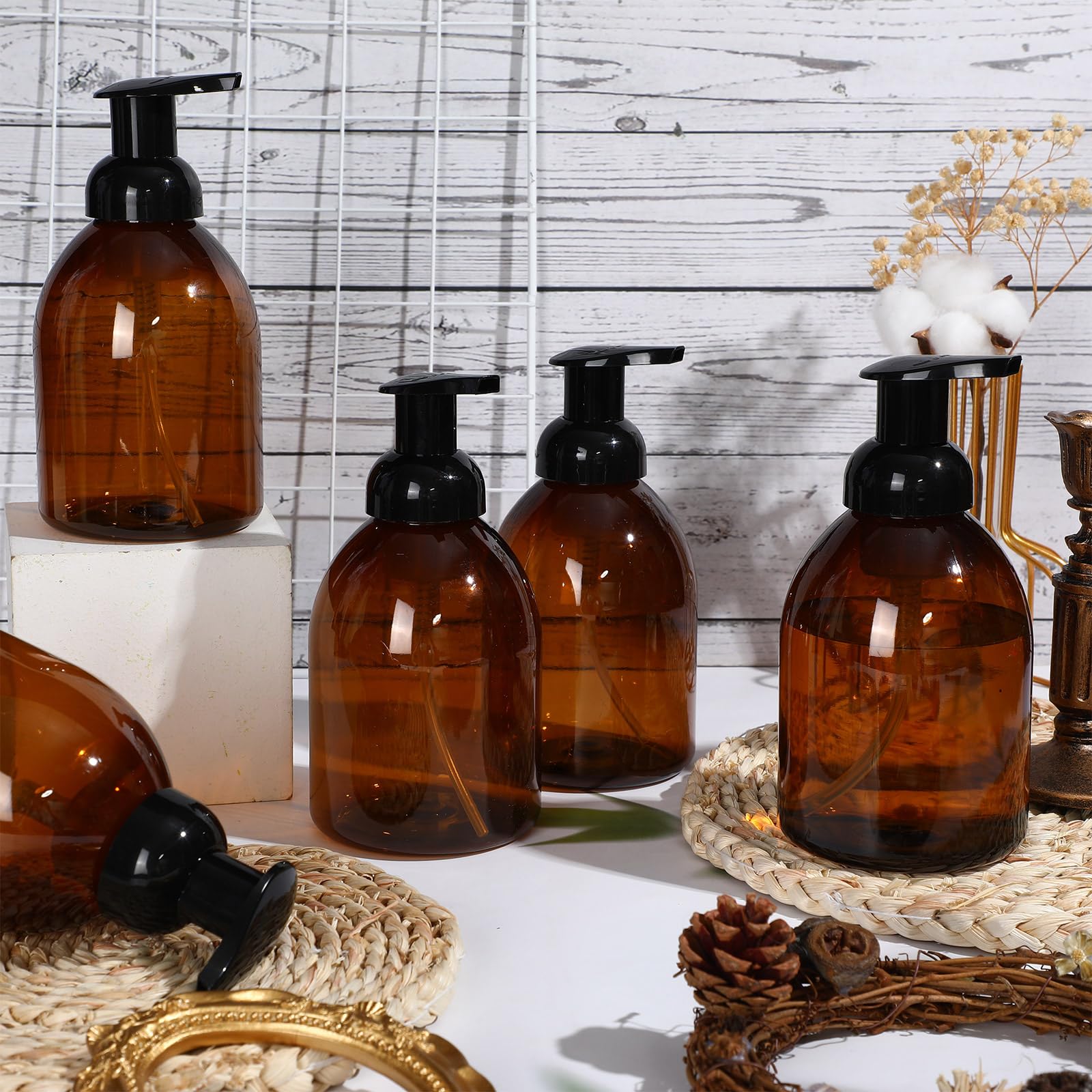 16 Pcs 17 oz Amber Foaming Soap Dispenser Refillable Foam Pump Bottle Liquid Plastic Container for Kitchen Bathroom Commercial Concentrated or Regular Shampoo Body Wash Dish Liquid Soap (16 Count)