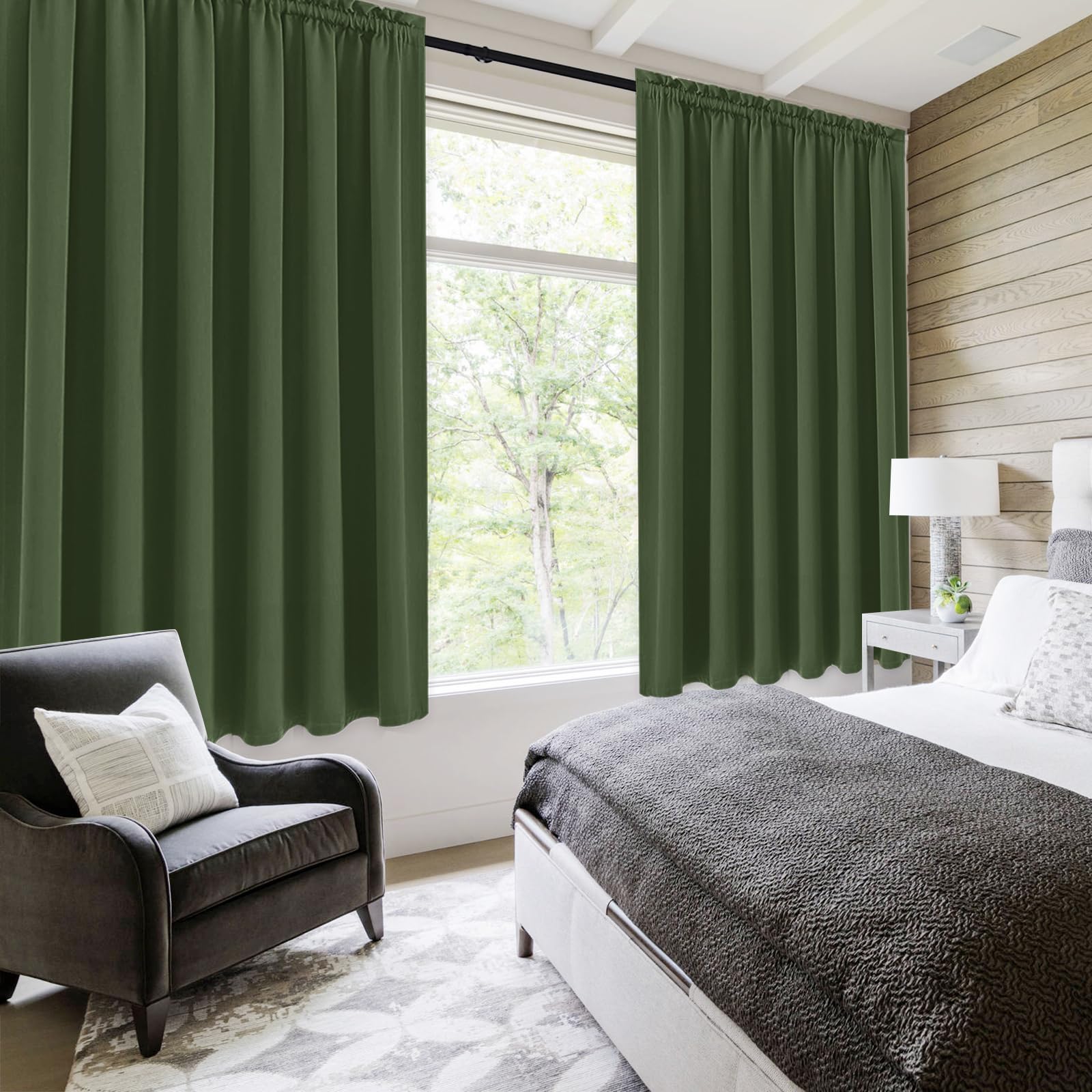 Wide Blackout Curtains for Bedroom 70 x 63 Inch Long Olive Green (2 Count)