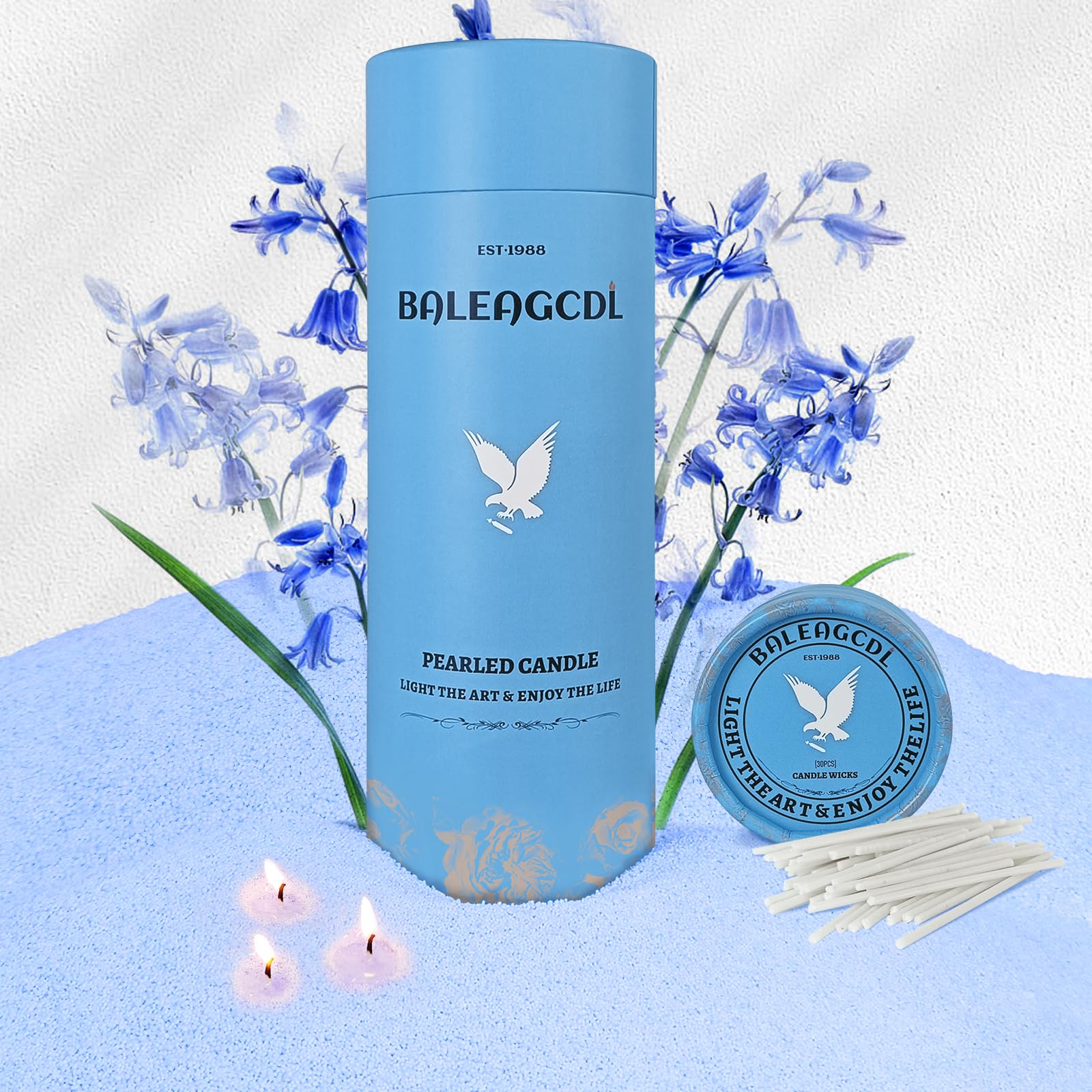 Bluebell Scented Light Blue Pearled Candle 18oz Luxury Sand Candle Granulated Wax (18 Ounce)