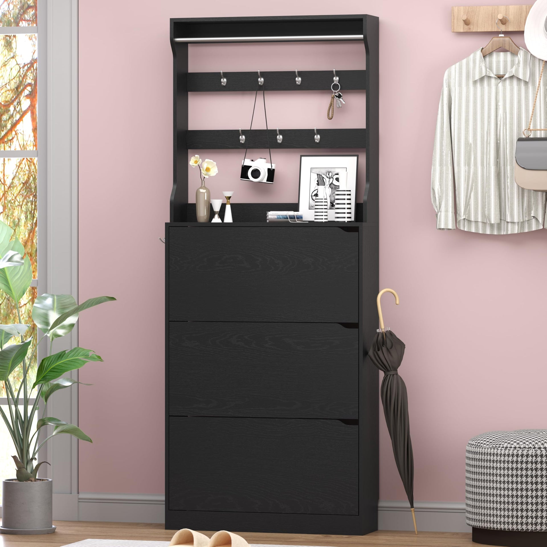 Shoe Cabinet with 3 Flip Drawers & Coat Rack