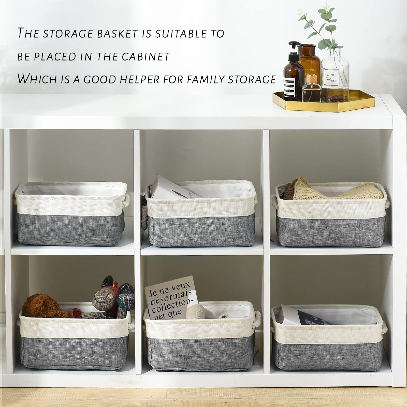 Small Storage Baskets for Shelf 6 Pack Canvas Storage Basket with Handles Fabric Storage Basket for Organizing Storage Bin (6 Count)