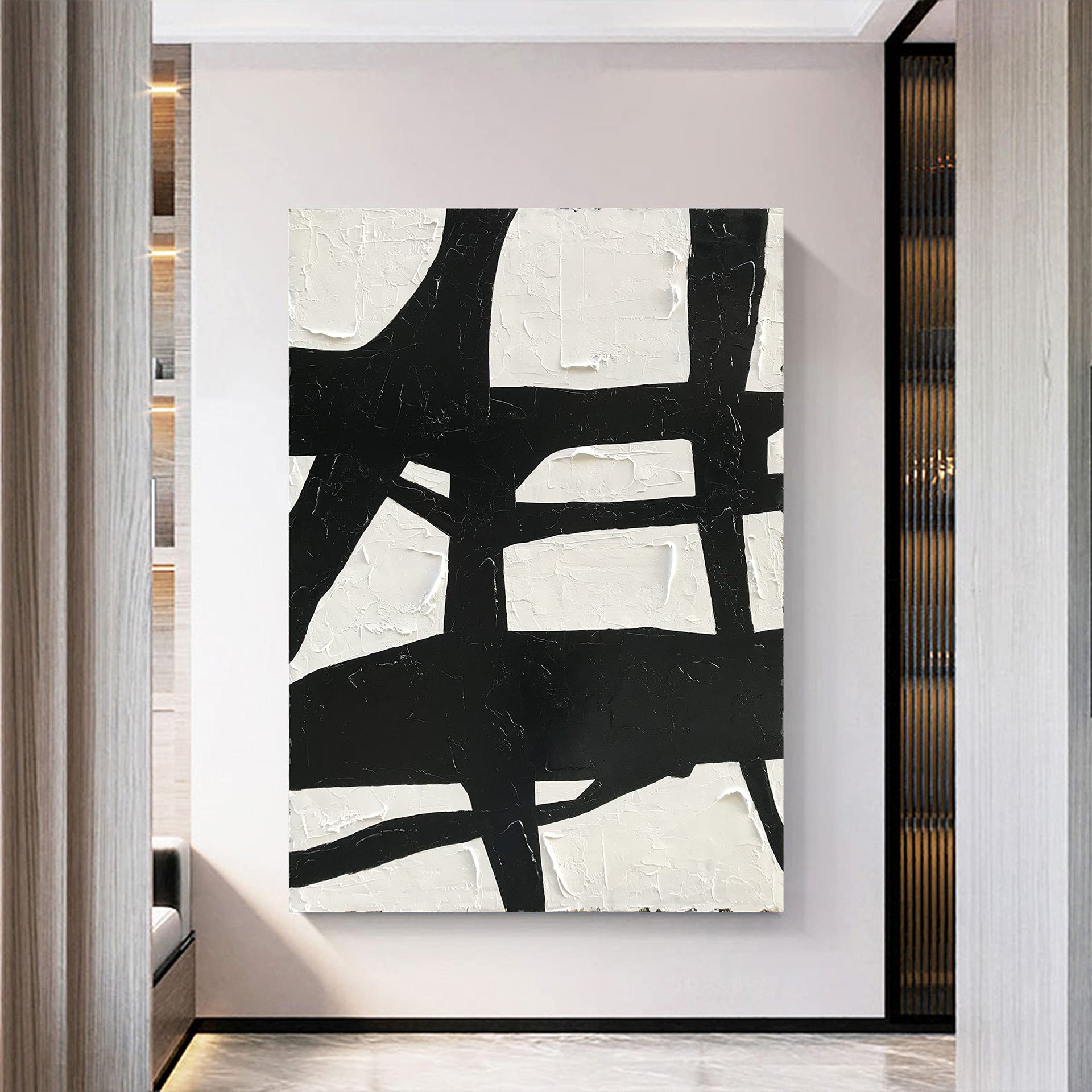 Art Hand Painted Large Black and White Abstract contemporary minimalist oil painting work It is suitable for decorating the interior office walls and its size is 48x36 inches