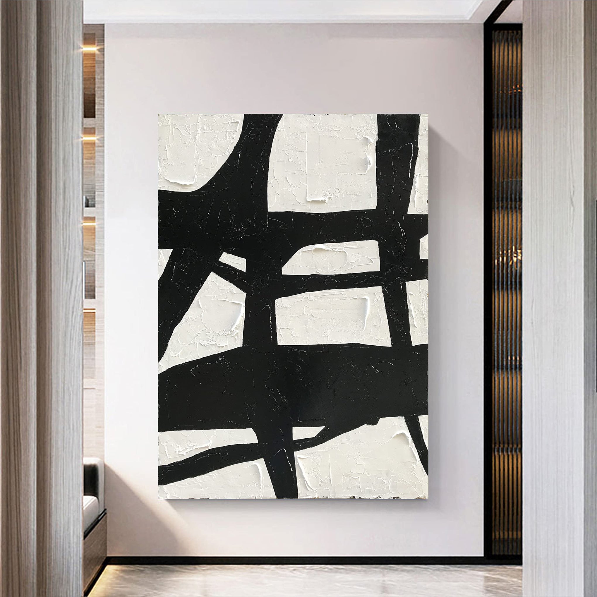 Art Hand Painted Large Black and White Abstract contemporary minimalist oil painting work It is suitable for decorating the interior office walls and its size is 48x36 inches