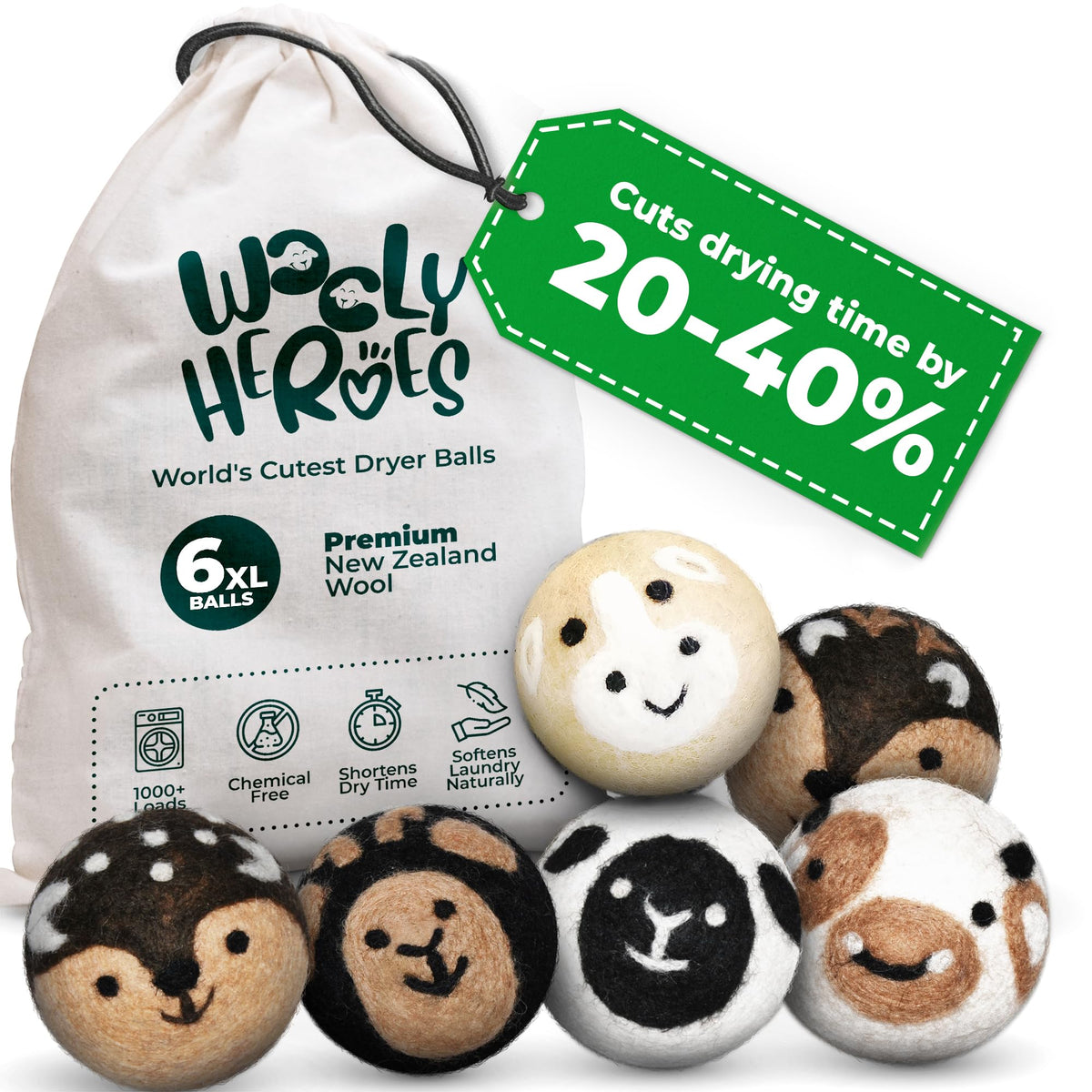 Chemical Free & Baby Safe! Reusable Wool Dryer Balls XL 6 (6 Count)