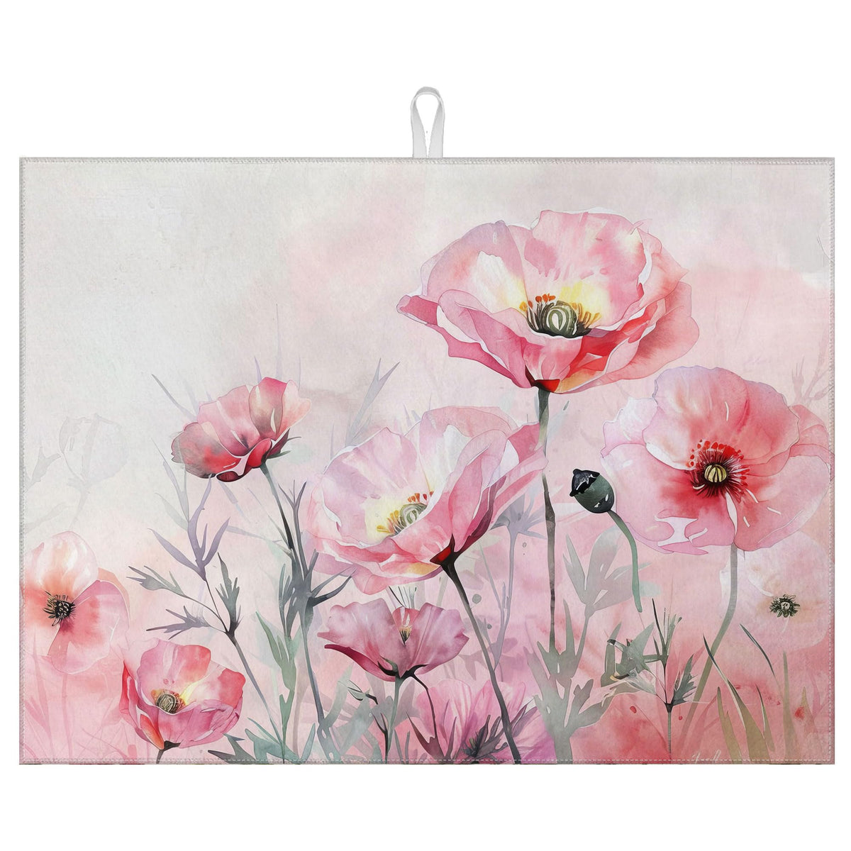Pink Poppy Flower Dish Drying Mat for Kitchen Counter Microfiber Absorbent Dish Kitchen Drying Mat Draining Reusable Washable for Dishes