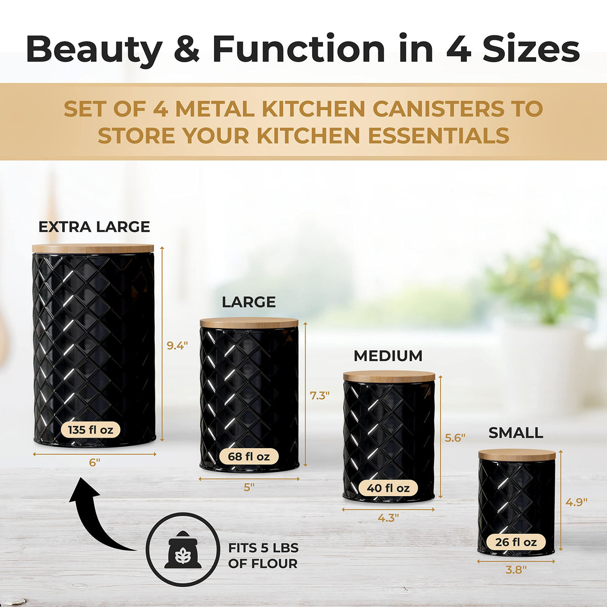 Black Metal Canister Set for the Kitchen Counter (4 Count)