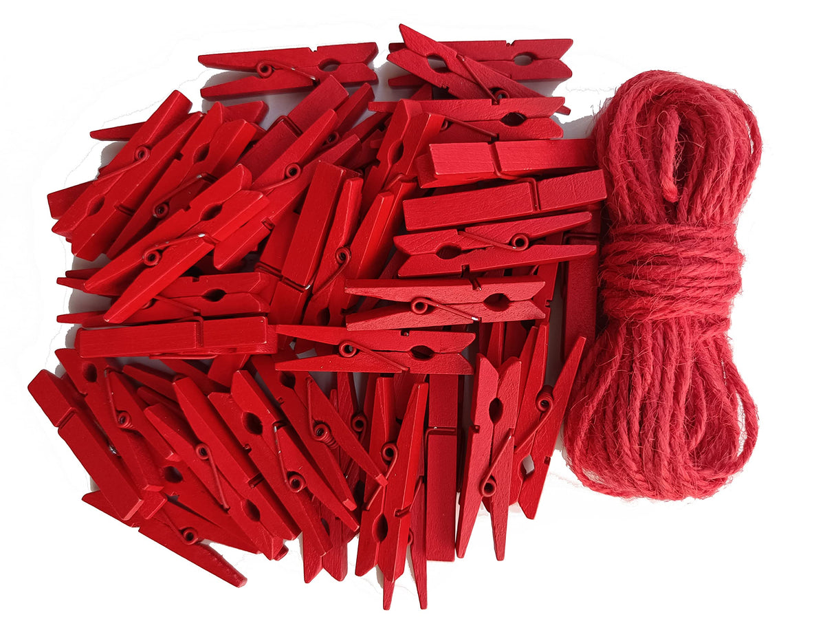 1.9 Inch Red Strong Wood Clothes Pins Hold Xmas Cards Papers Scrapbooking Gloves Socks Laundry Clip with Twine Pack 50 (50 Count)