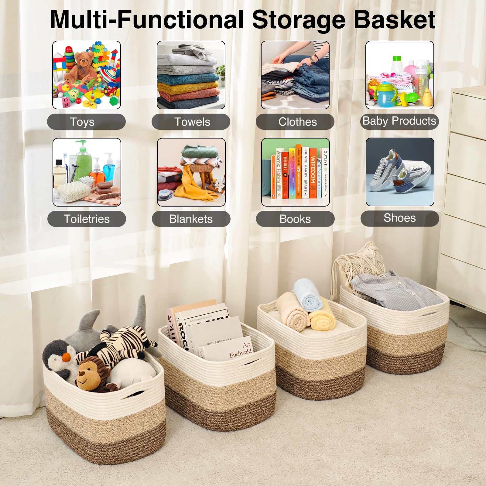 Storage Baskets for Organizing & Shelves (4 Count)