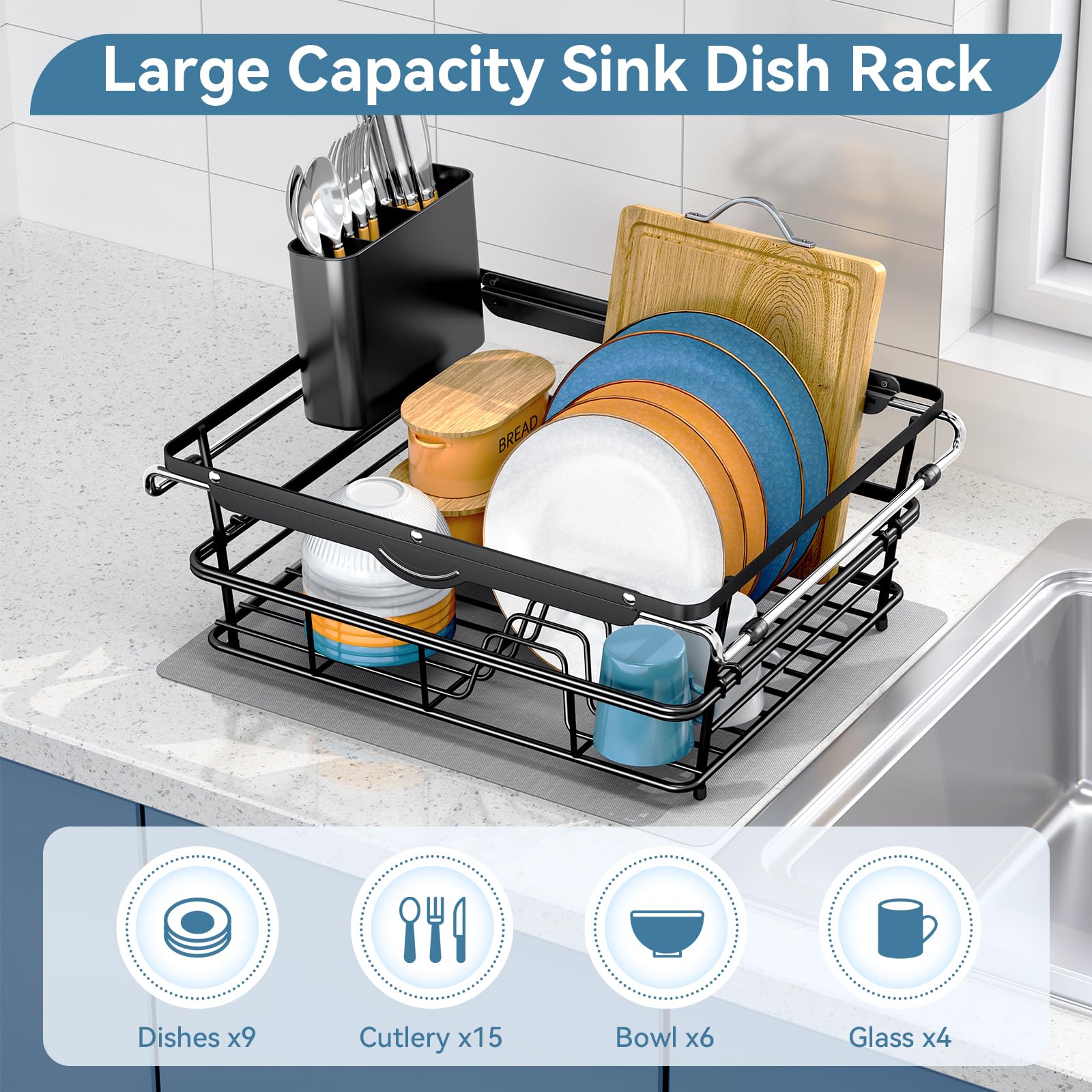 Dish Drying Rack in Sink with Utensil Holder