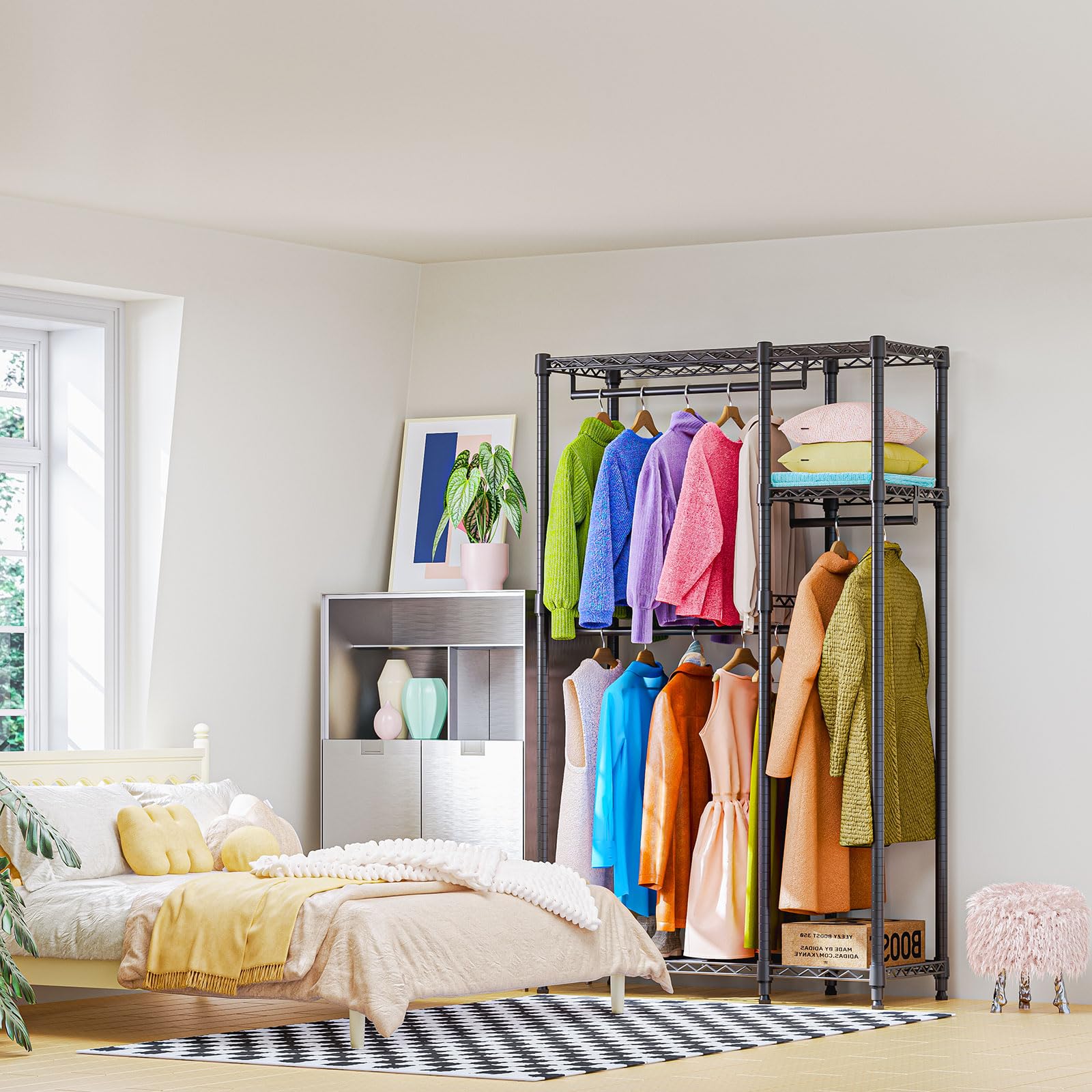 Heavy Duty Rolling Garment Rack 3 Tiers Adjustable Wire Shelving Clothes Rack with 3 Rods and Side Hooks