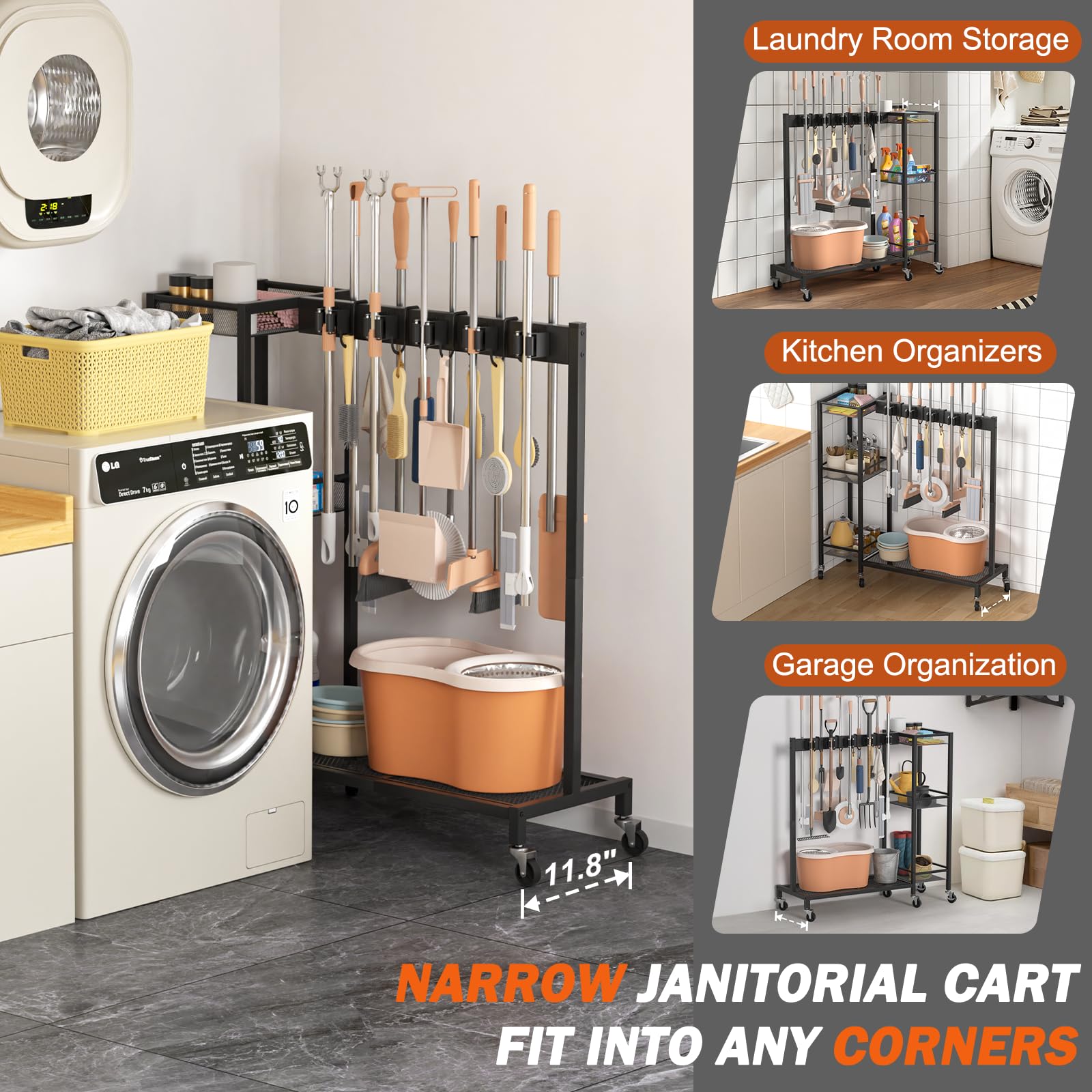 Broom Holder with Cleaning Supplies Organizer