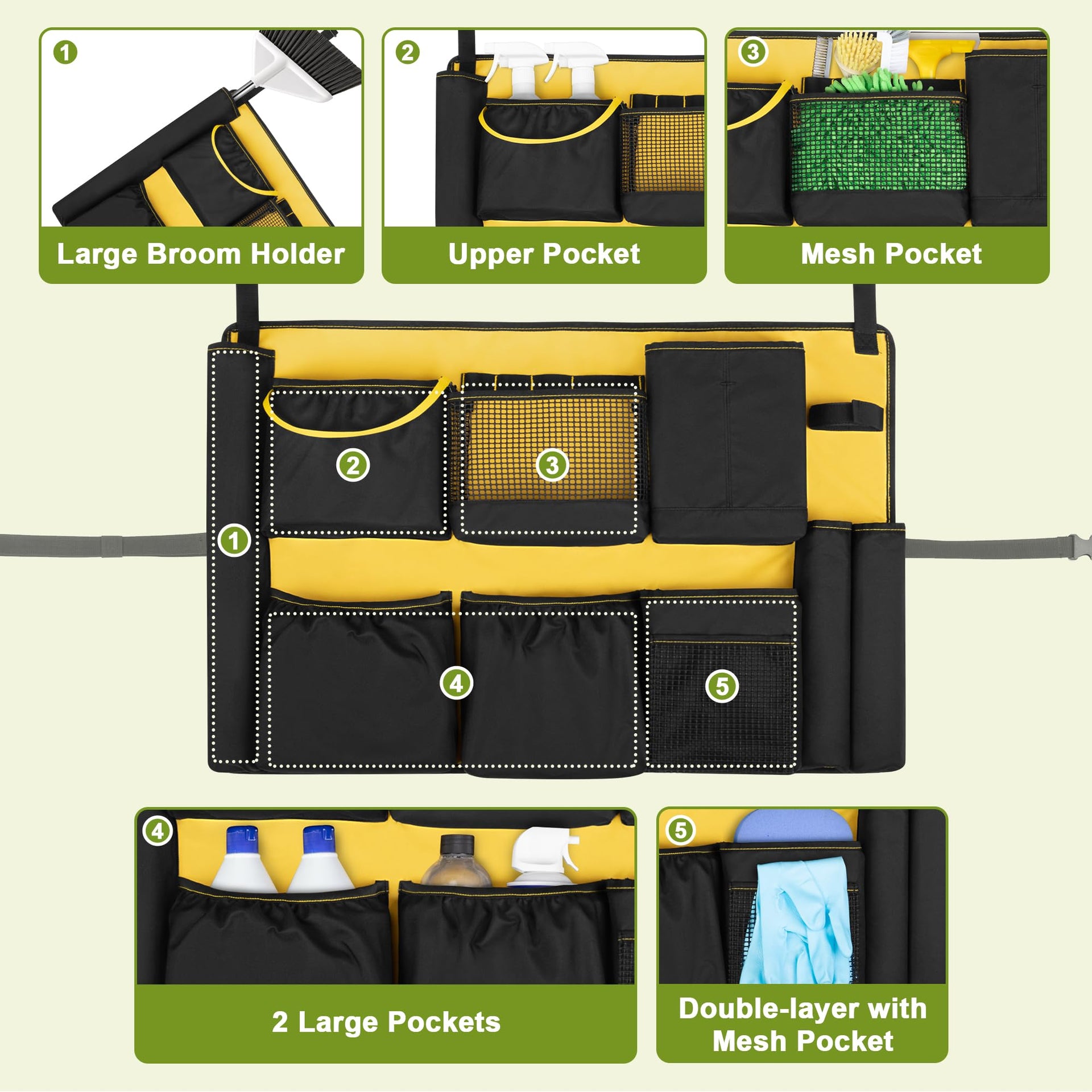 32 55 Gallon Trash Can Caddy Bag with Multi Pockets for Clean Tools