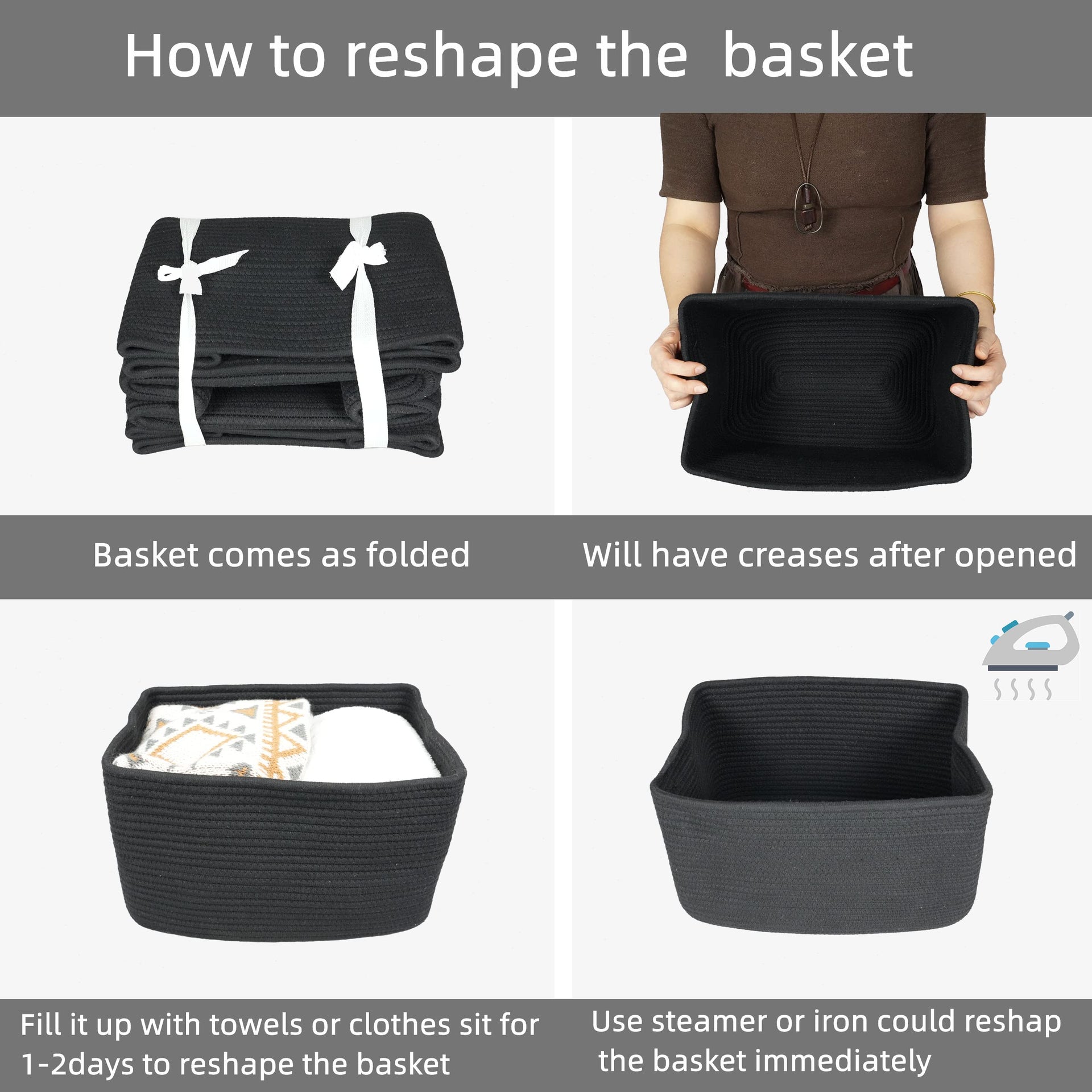 Woven Cotton Rope Storage Baskets 15x10x9.3" 3 Pack Black