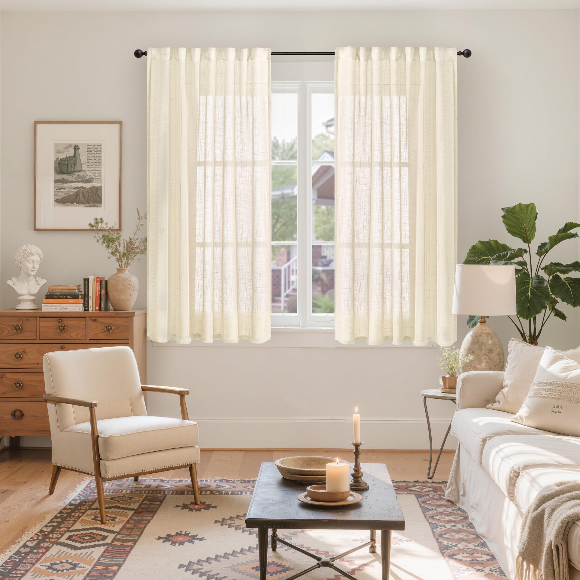 Linen Semi Sheer Curtains 54 Inch Length for Living Room Window (2 Count)