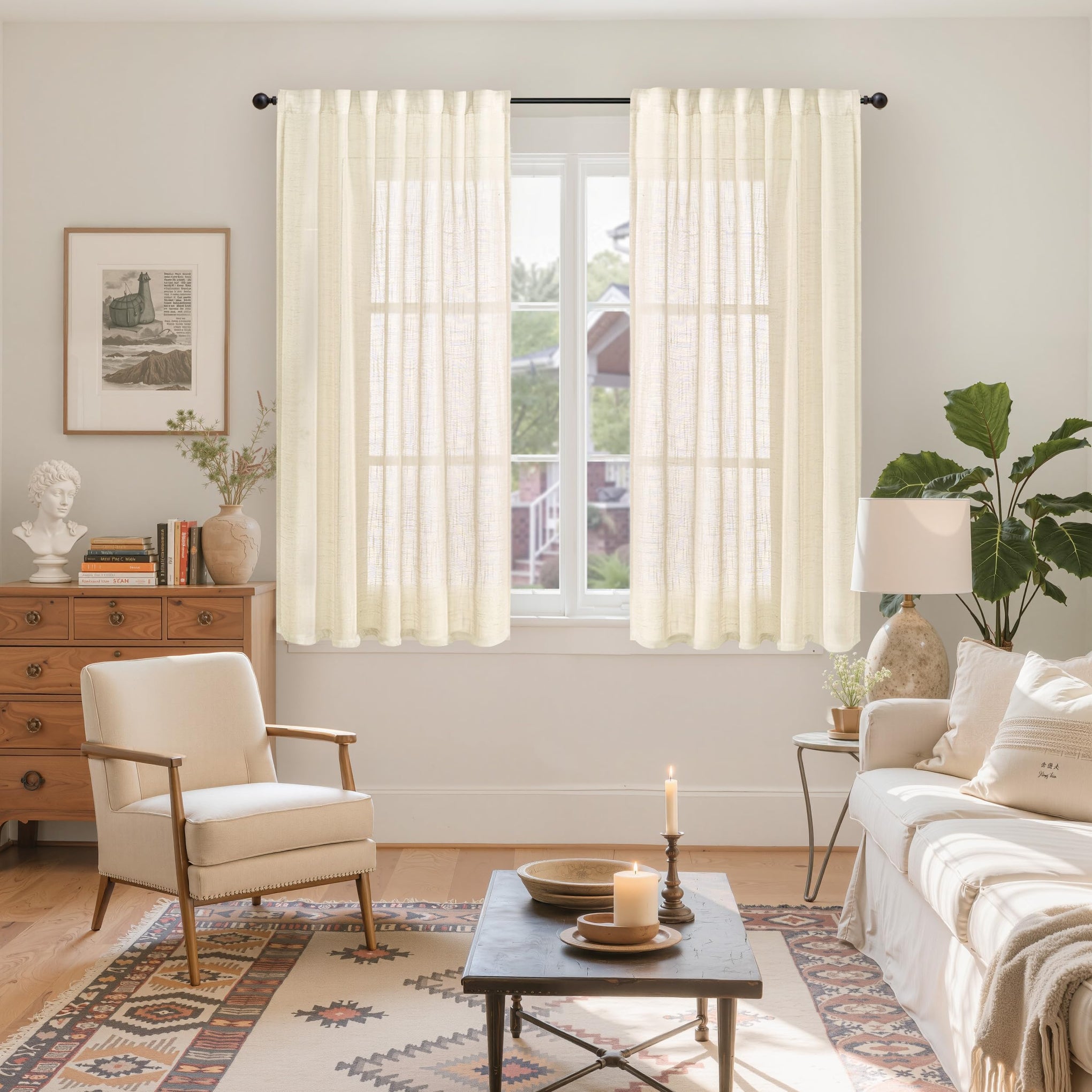 Linen Semi Sheer Curtains 54 Inch Length for Living Room Window (2 Count)