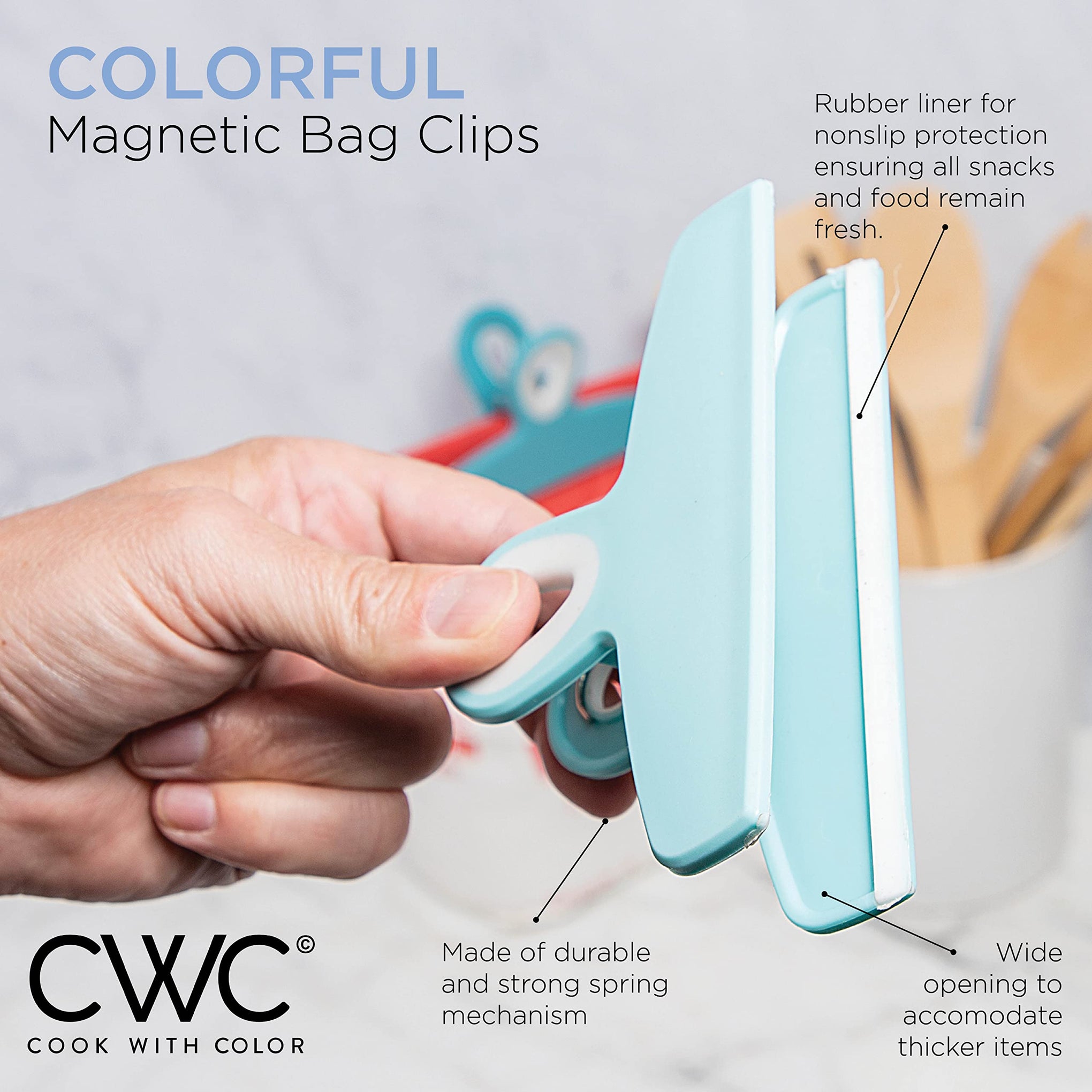 Bag Clips Heavy Duty Chip Clip and Refrigerator Magnet for Food Storage with Air Tight Seal Grip (4 Count)