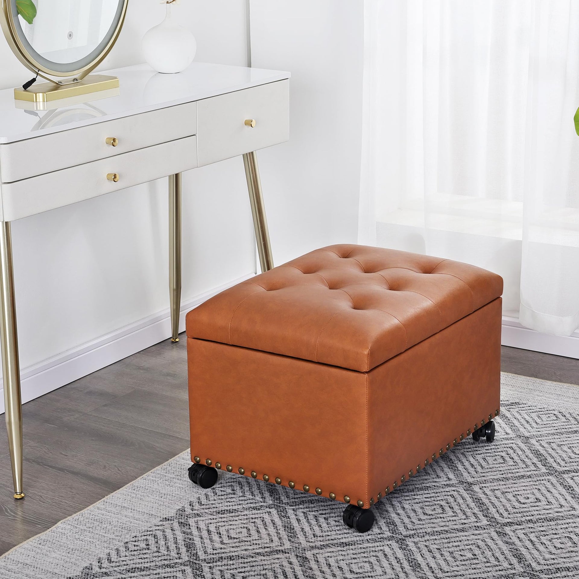 PU Leather Rolling Storage Ottoman