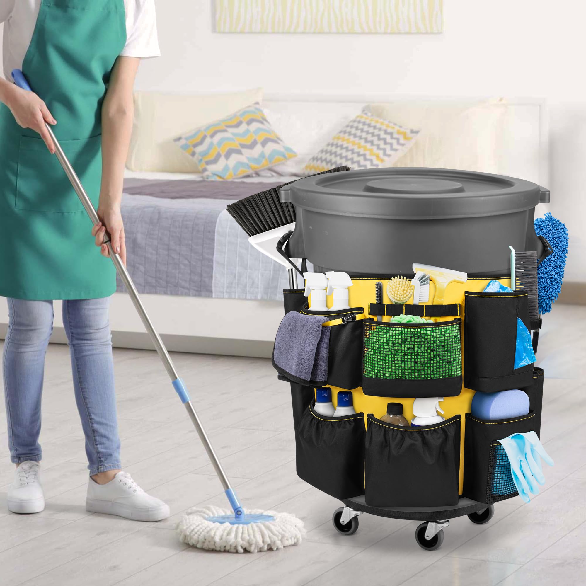 32 55 Gallon Trash Can Caddy Bag with Multi Pockets for Clean Tools
