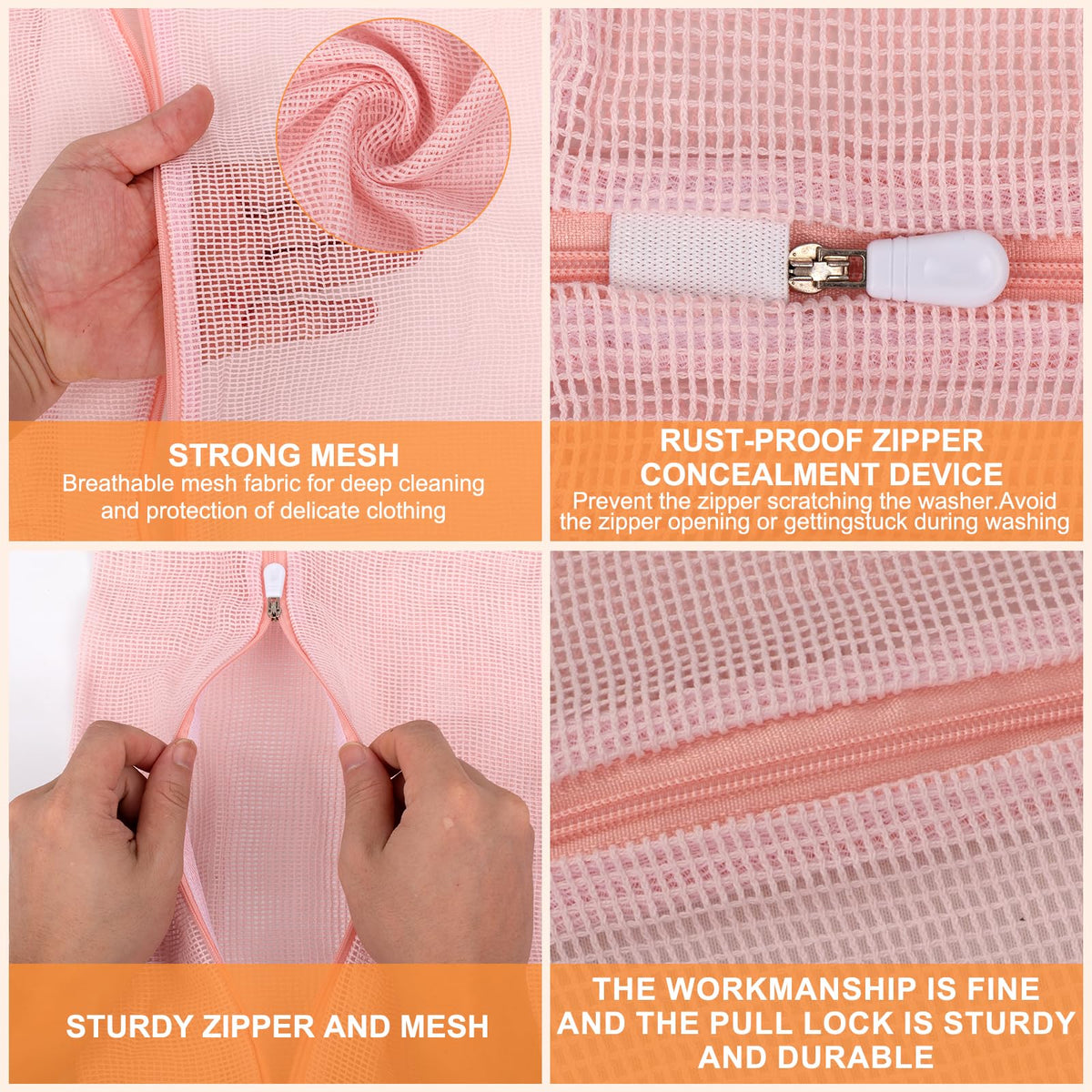 4 Piece Pink Large Durable Organic Cotton Mesh Laundry Bags with Sturdy Zippers and Breathable Mesh are Delicate Laundry Bags for Underwear