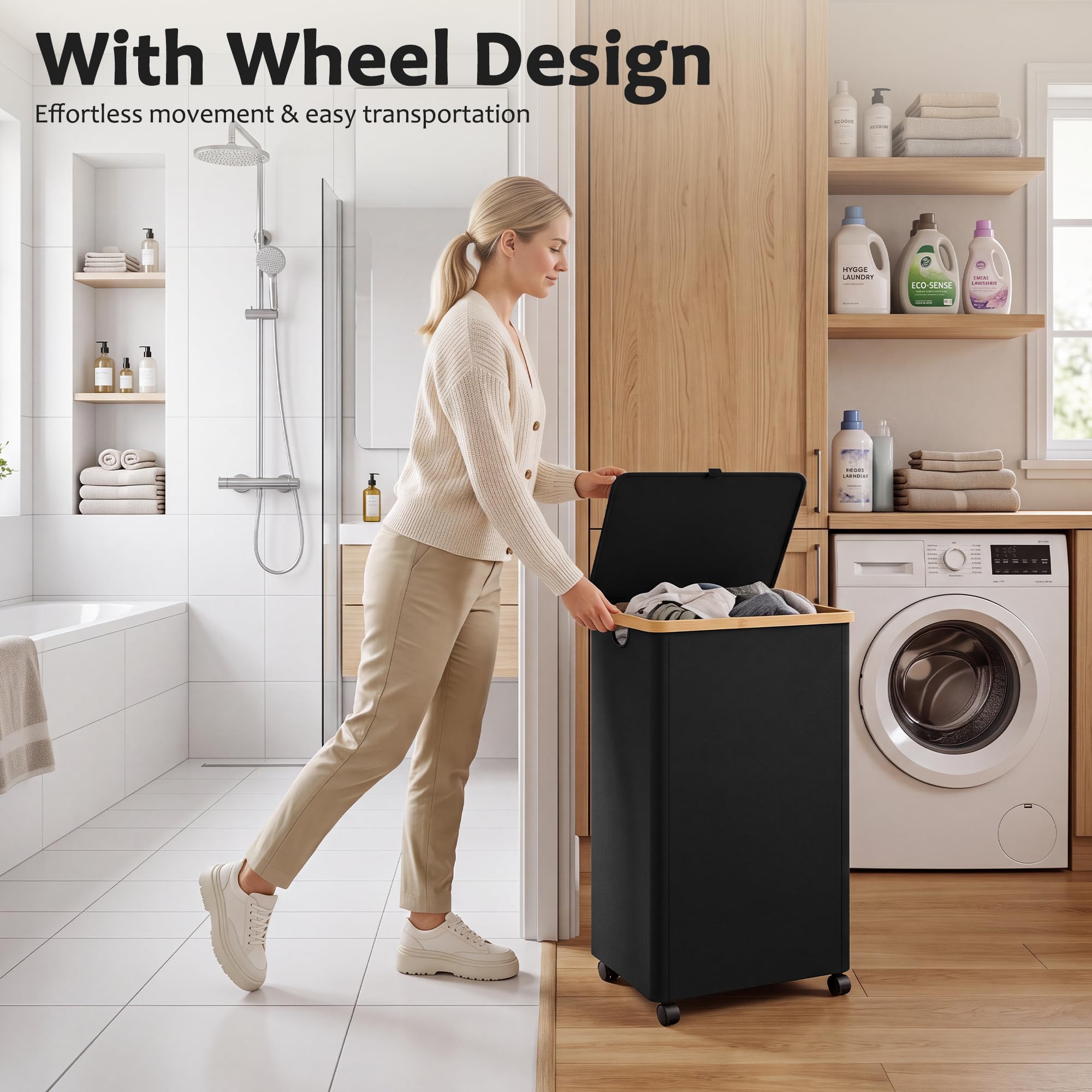 100L Laundry Basket with Wheels and Lid
