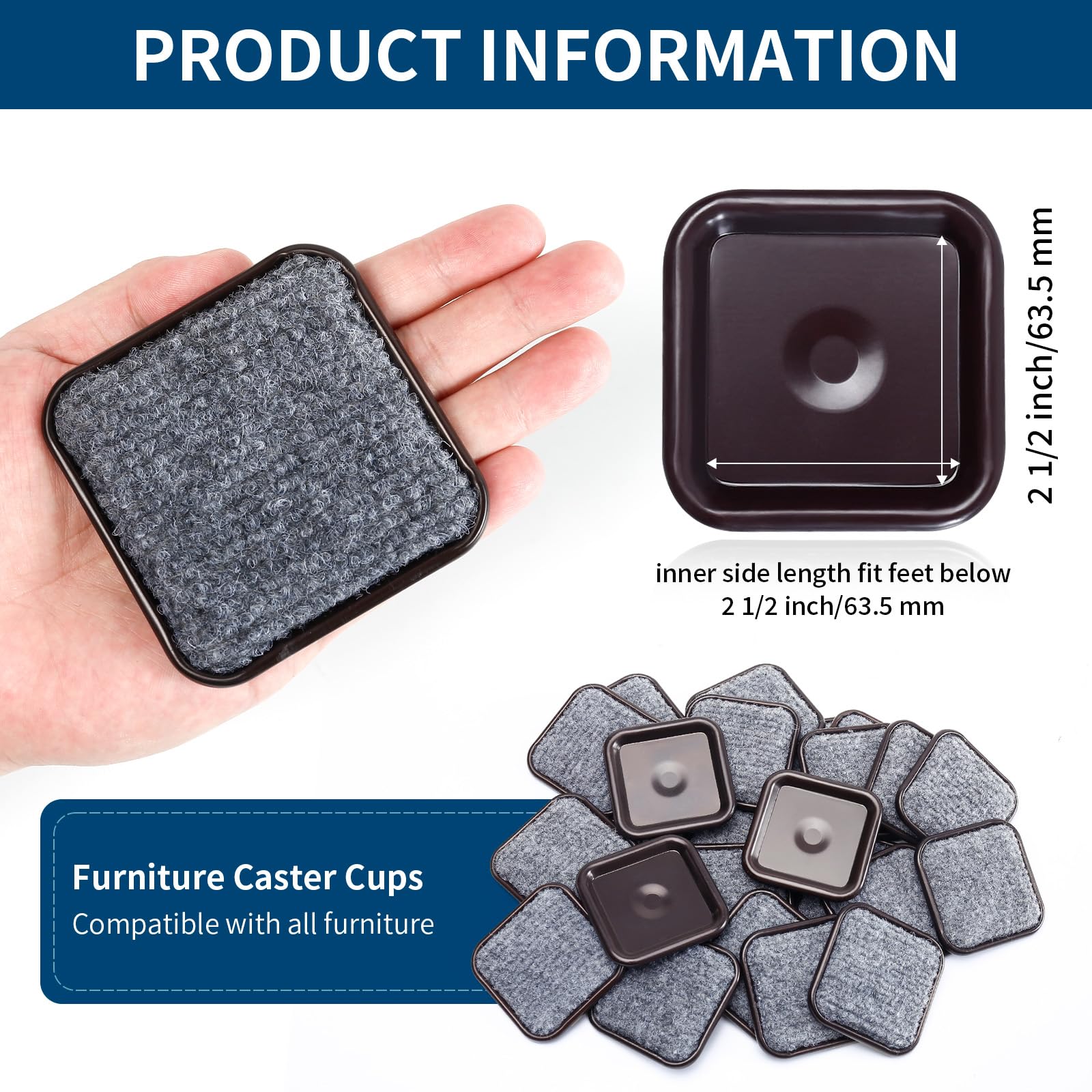 2.5" Square Carpet Bottom Furniture Caster Cups (16 Count)