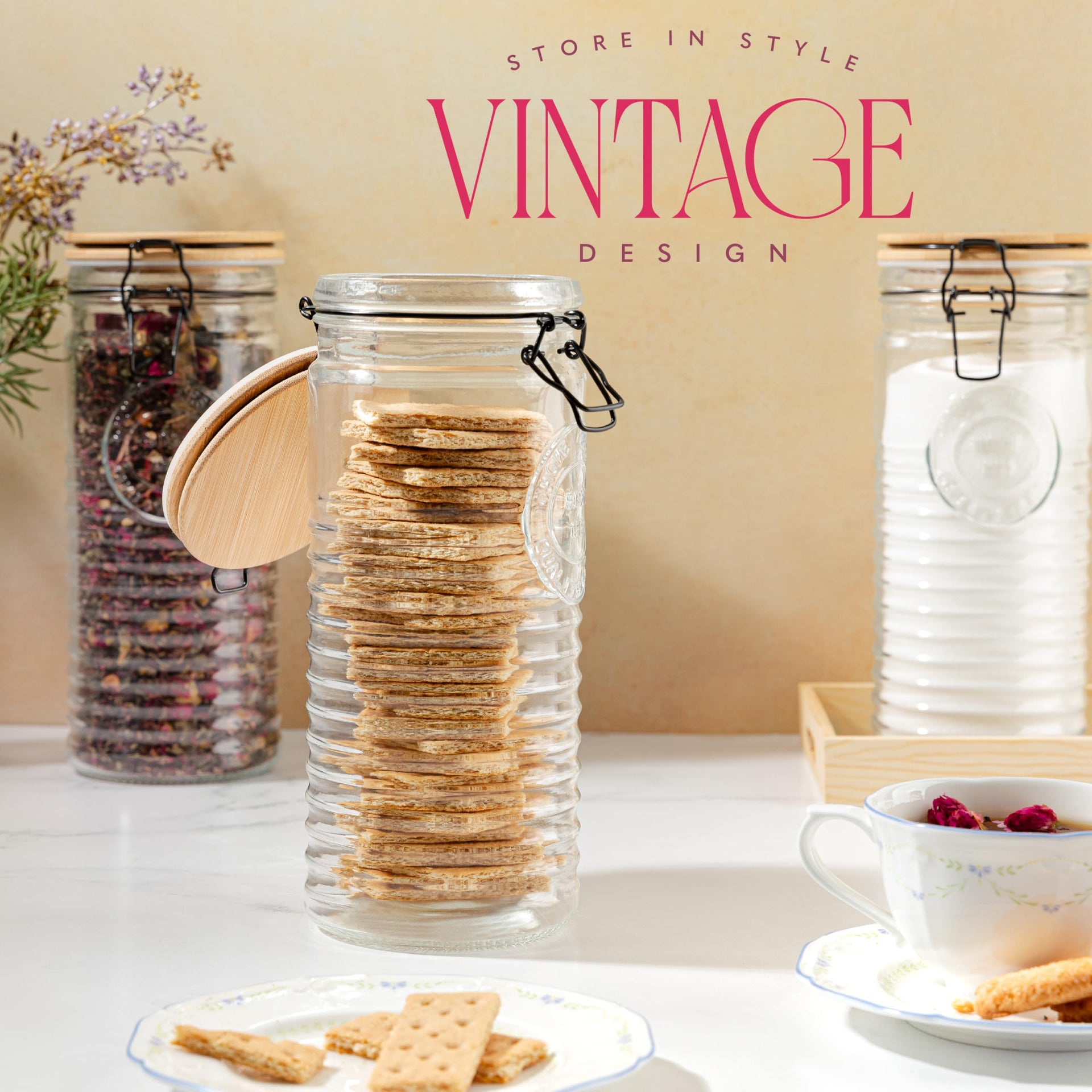Tall Glass Pasta Storage Containers with Airtight Clasp Lids