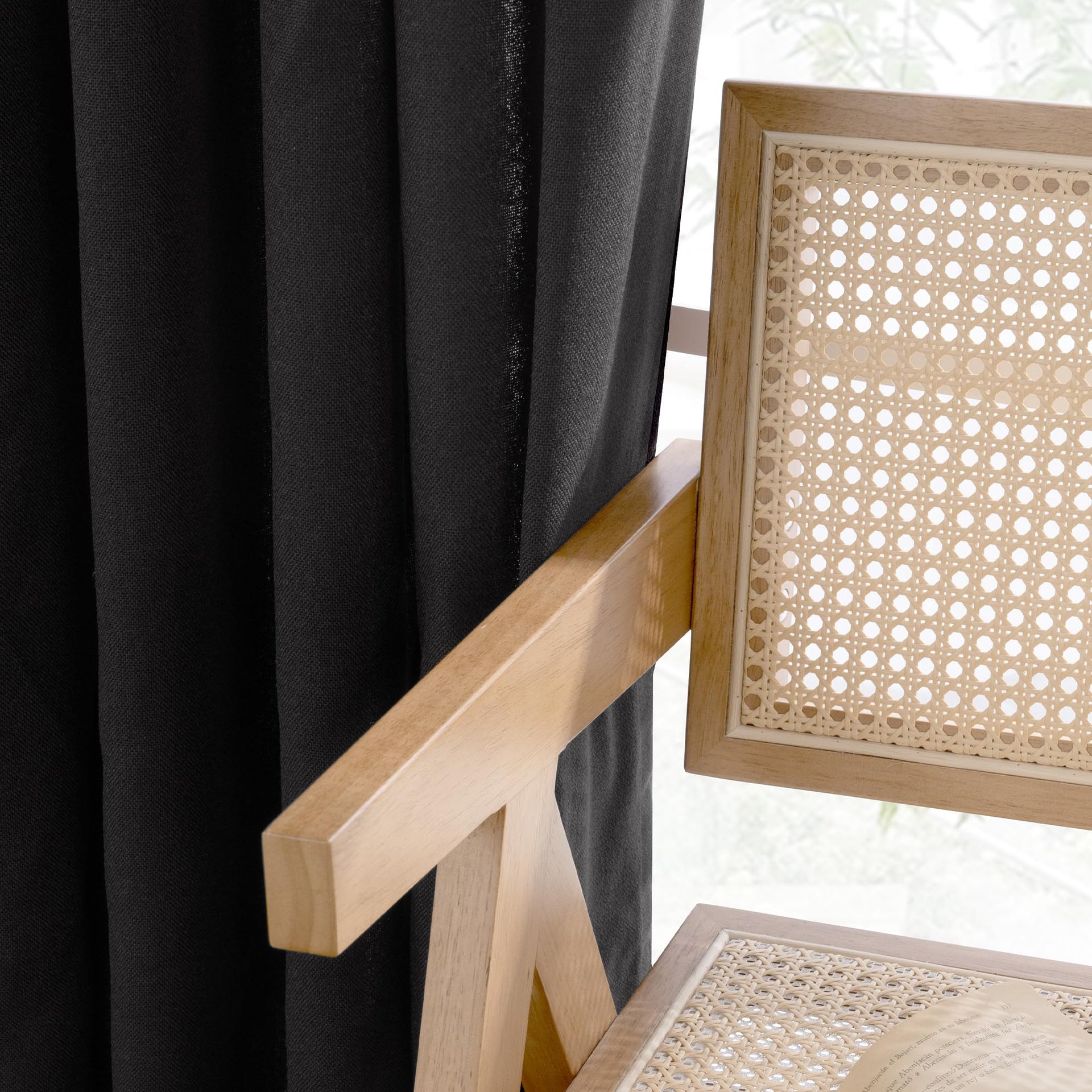 Black Linen Curtains 84 Inch Length Semi Sheer for Living Room (2 Count)