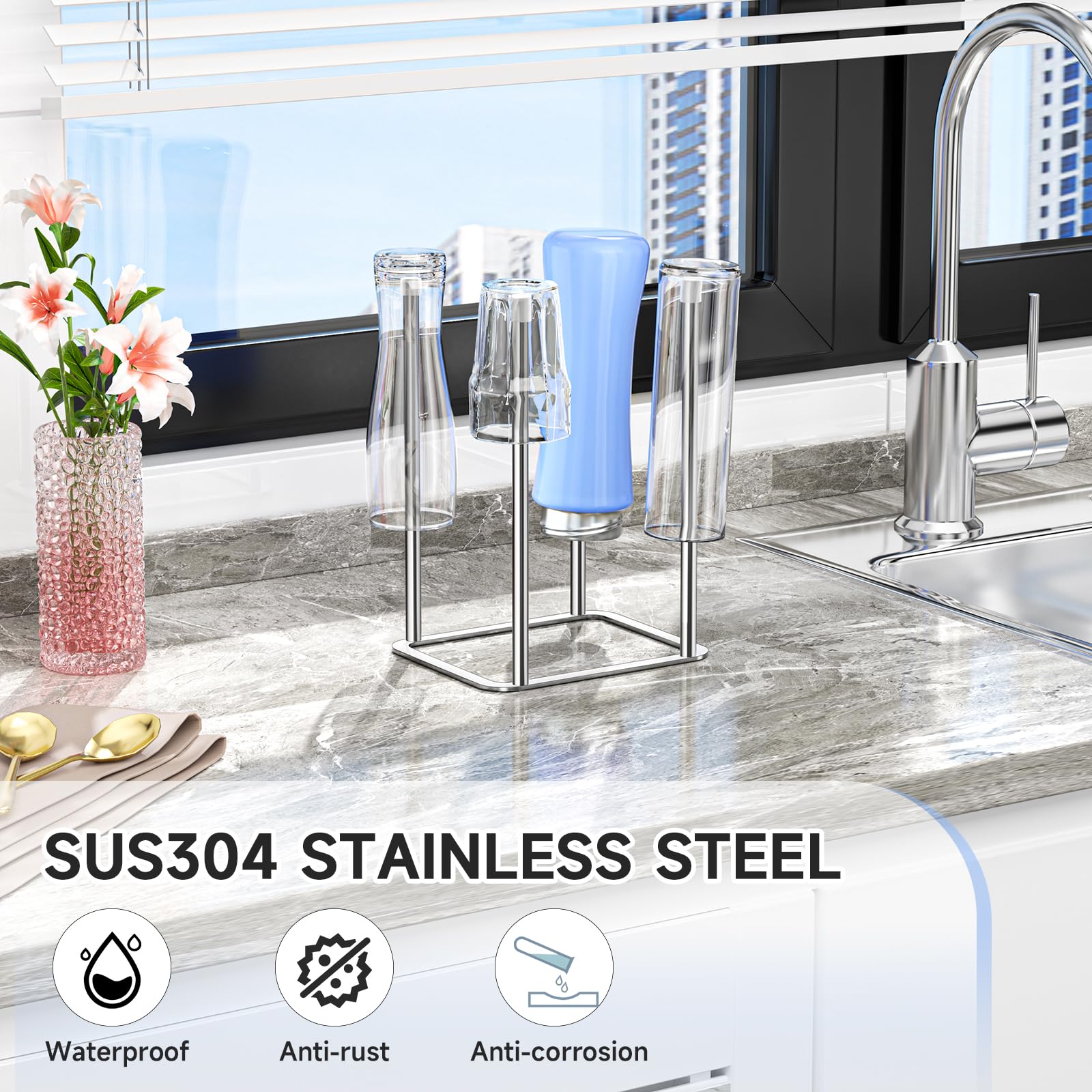 Water Bottle Drying Rack Reusable Bottle Rack Dryer Kitchen Stand Holder Metal Countertop Baby Bottle Drying Rack Water Cup Drying Rack for Plastic Bags