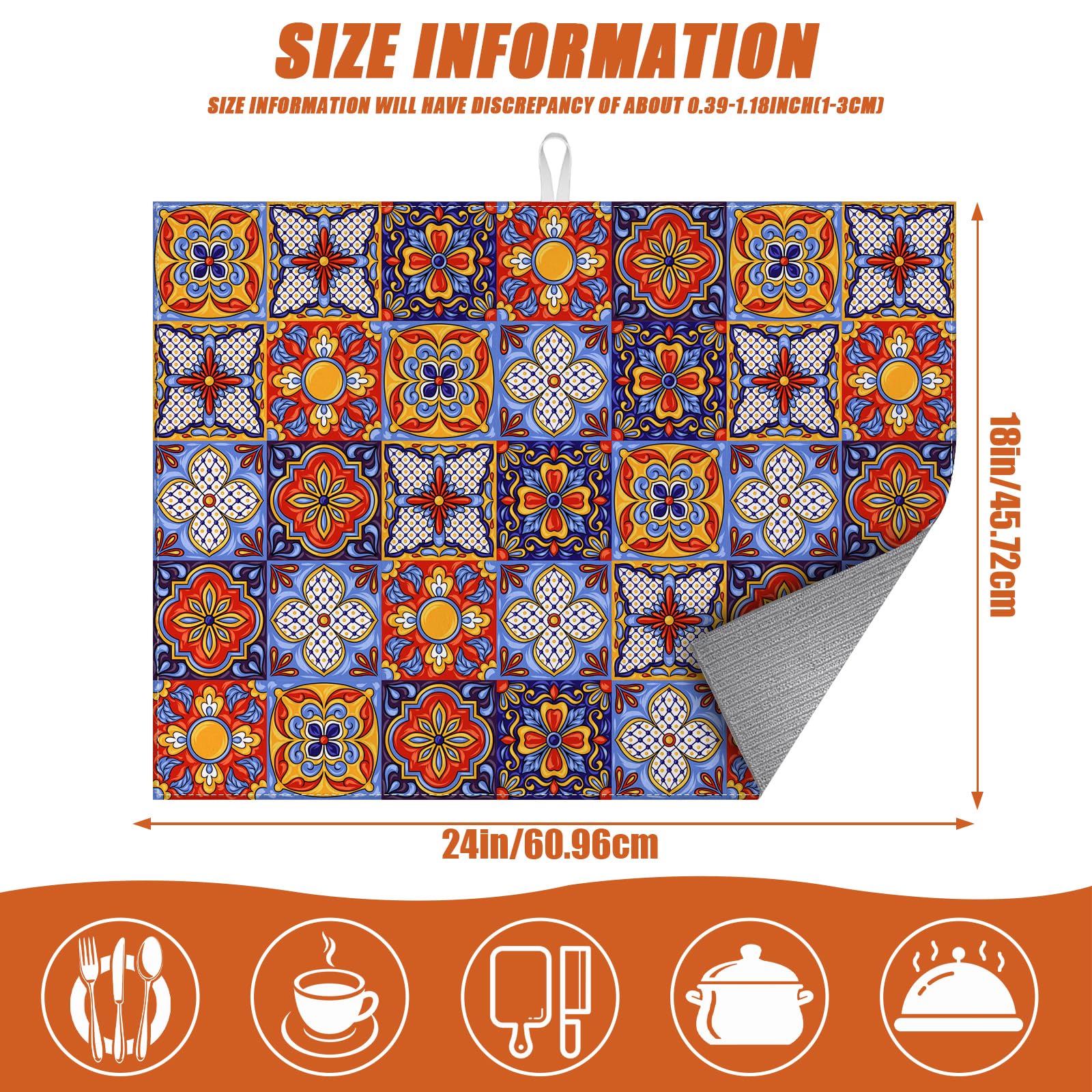Talavera Mexican Tiles Dish Drying Mat for Kitchen Counter Microfiber Absorbent Dish Kitchen Drying Mat Draining Reusable Washable for Dishes