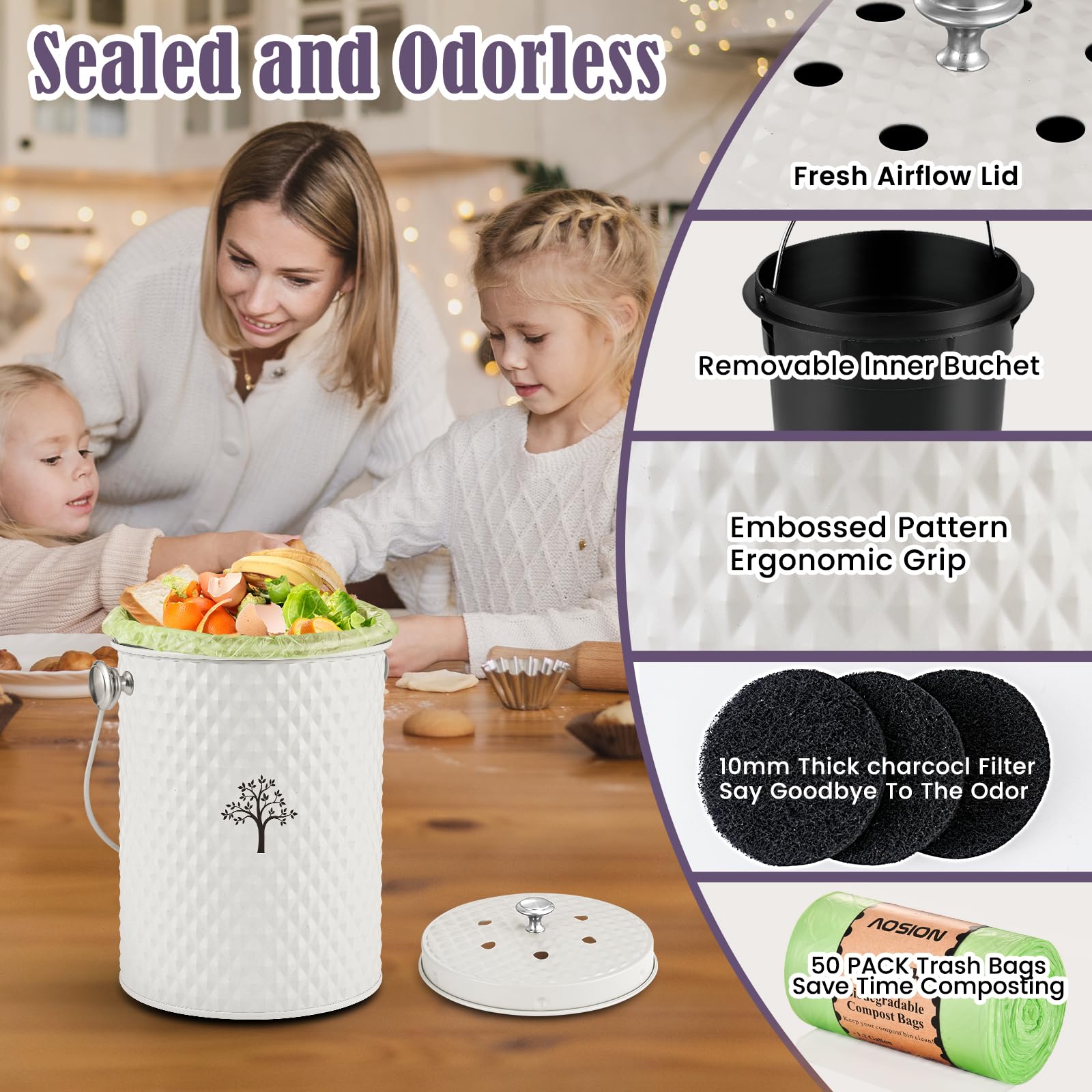Countertop Kitchen Odorless Compost Bin with Removable Inner Bucket