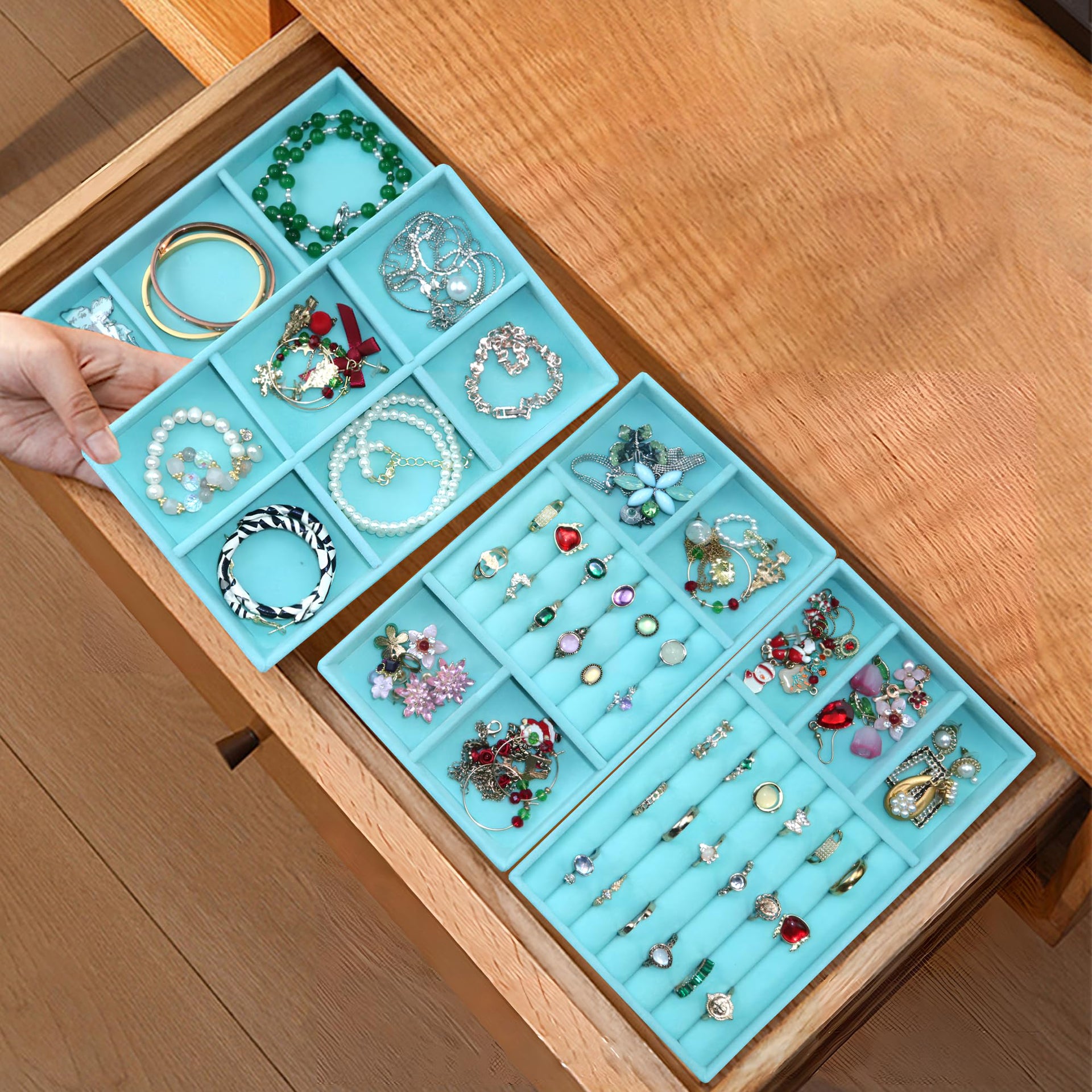 12 Pcs Jewelry Organizer Tray Stackable Velvet Jewelry Tray Earrings Display Case Necklace Earring Box Storage Drawer Bracelet Rings Accessories Trays (12 Count)
