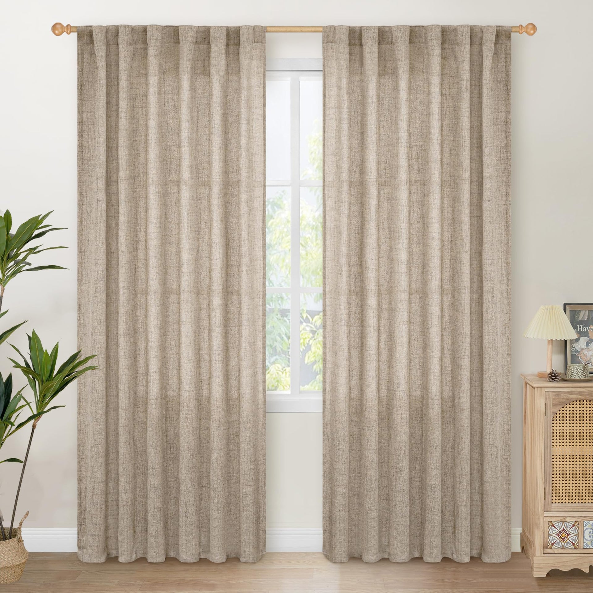 Dark Oatmeal Linen Semi Sheer Curtains 80 Inch Length for Living Room (2 Count)