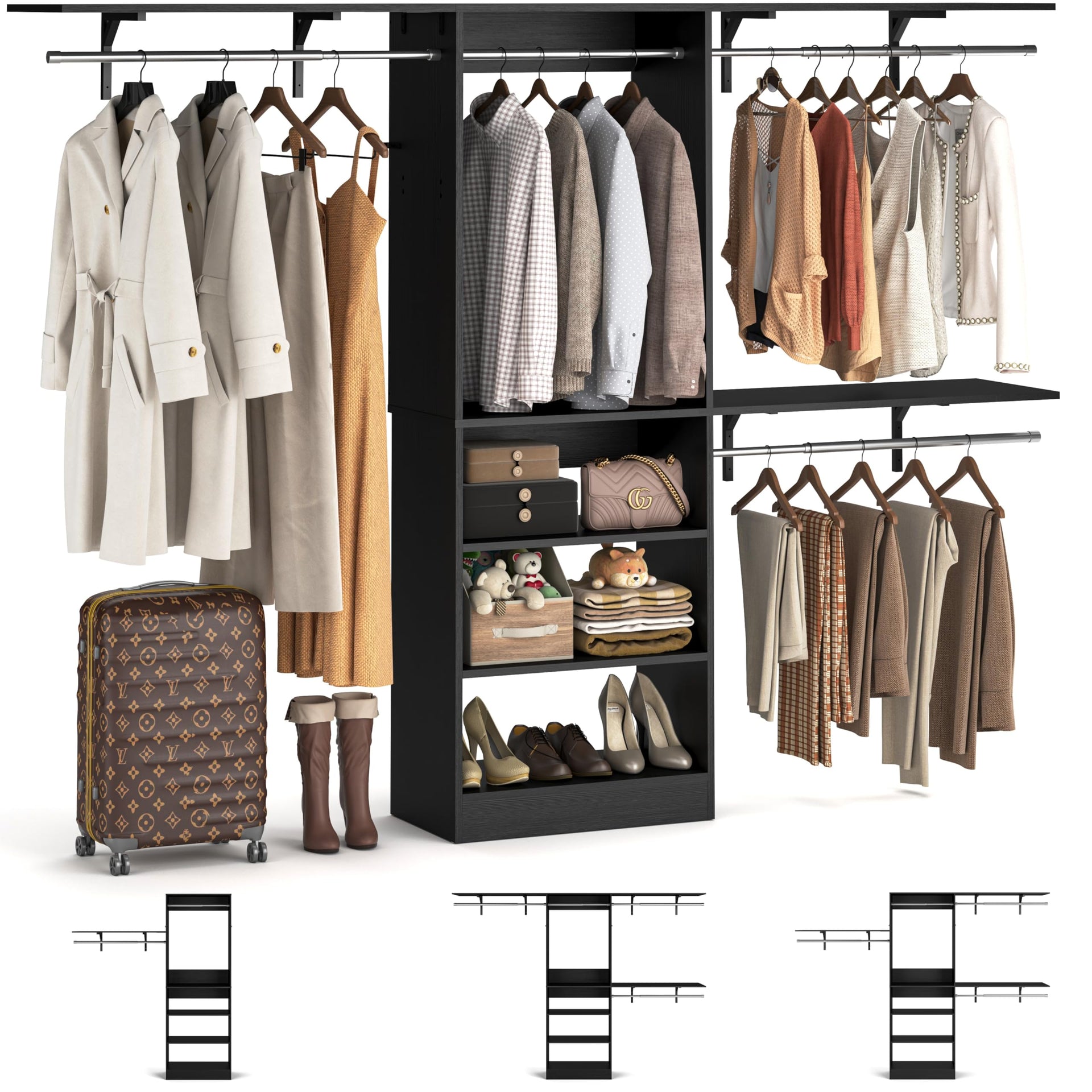 8FT Closet System with 3 Wooden Storage Shelves
