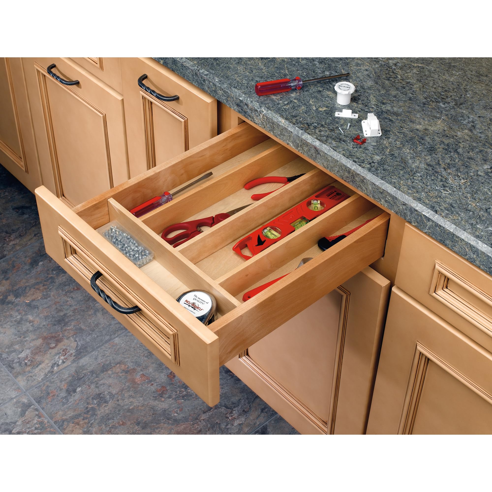 Trim-to-Fit Shallow Drawer Organizer For Kitchen Utensils, Cutlery Cabinet Storage Divider Insert, 23.98 x 21.97 In, Maple Wood, 4WUT-3SH
