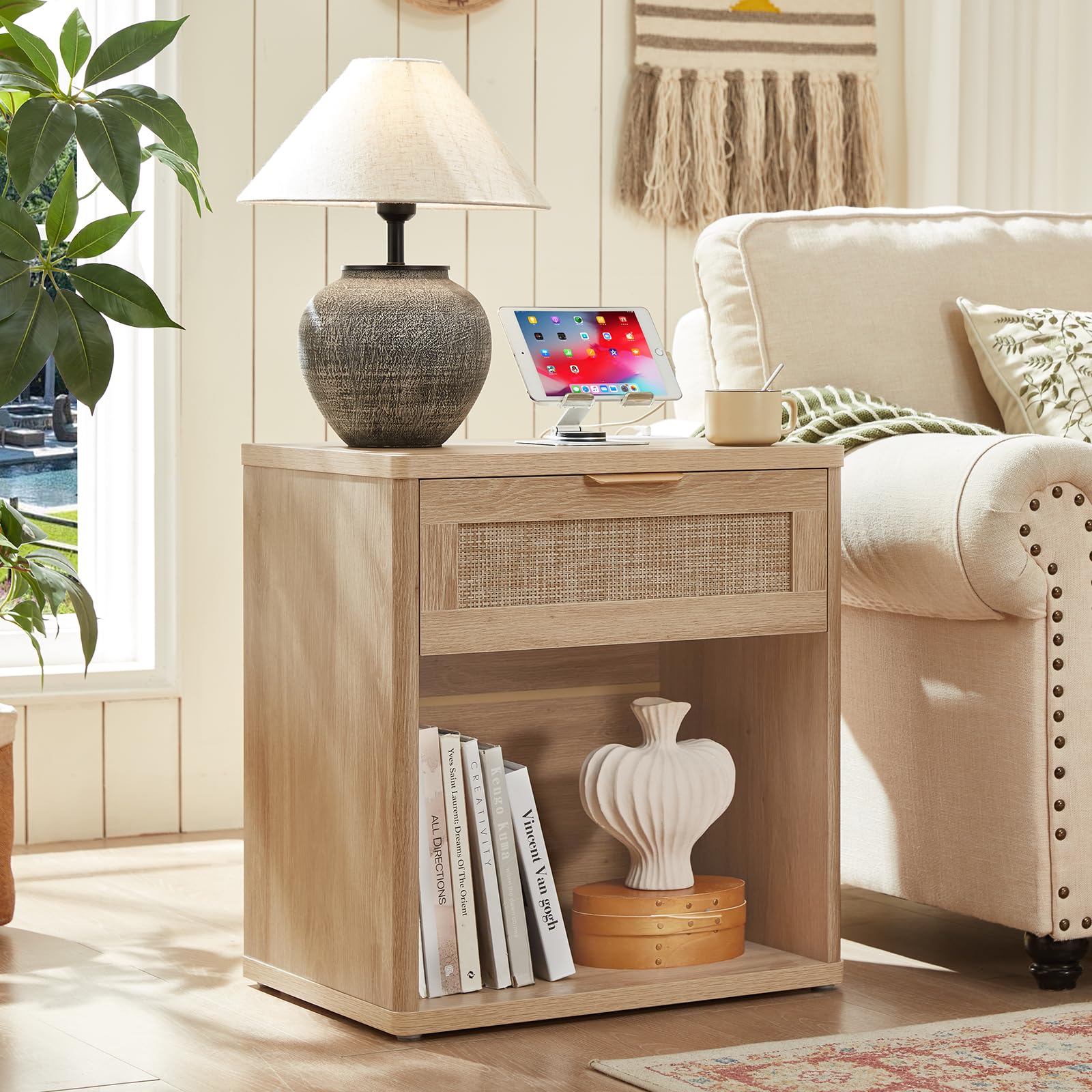 Rattan Nightstands Set of 2 with Charging Station (2 Count)