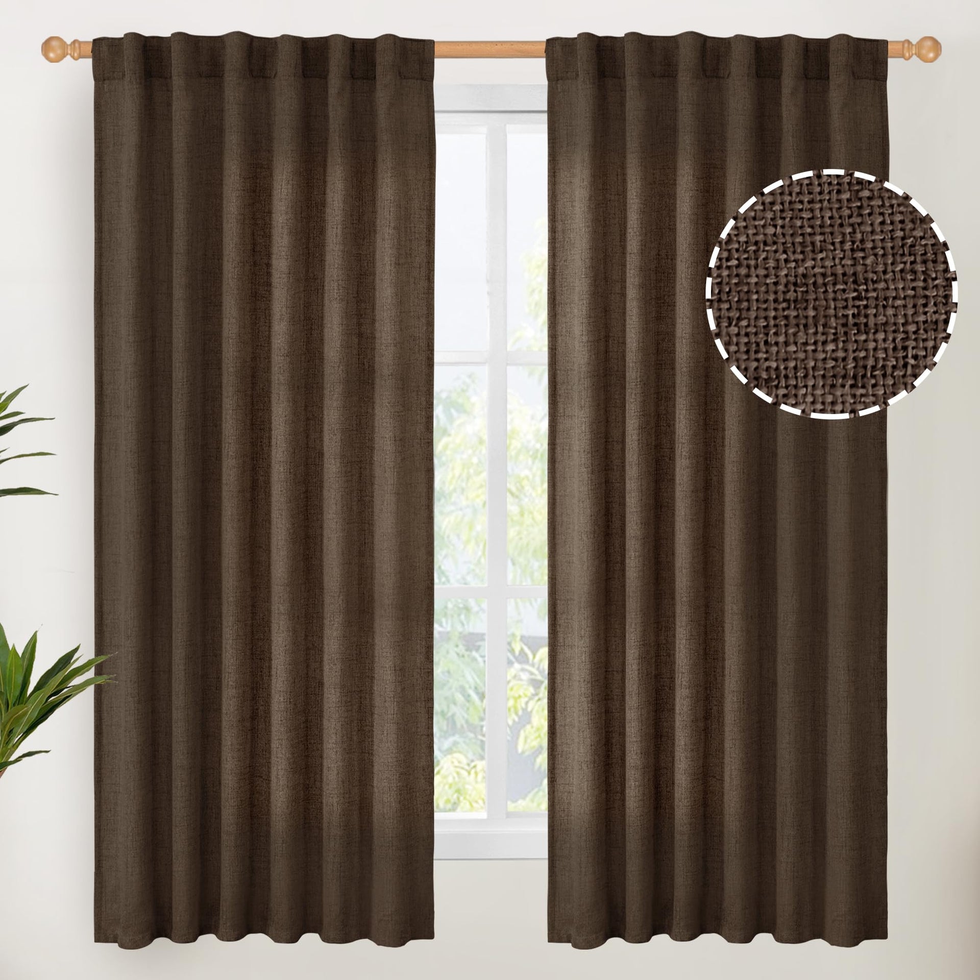 Brown Linen Curtains for Living Room 63 Inches Long (2 Count)