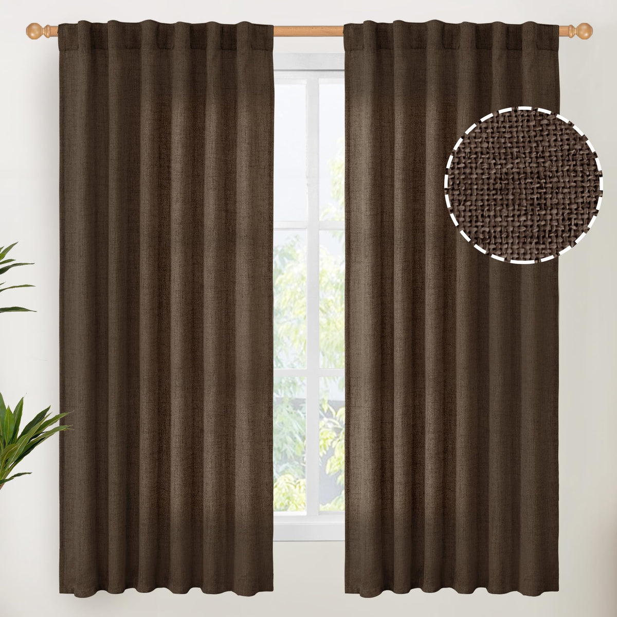 Brown Linen Curtains for Living Room 63 Inches Long (2 Count)